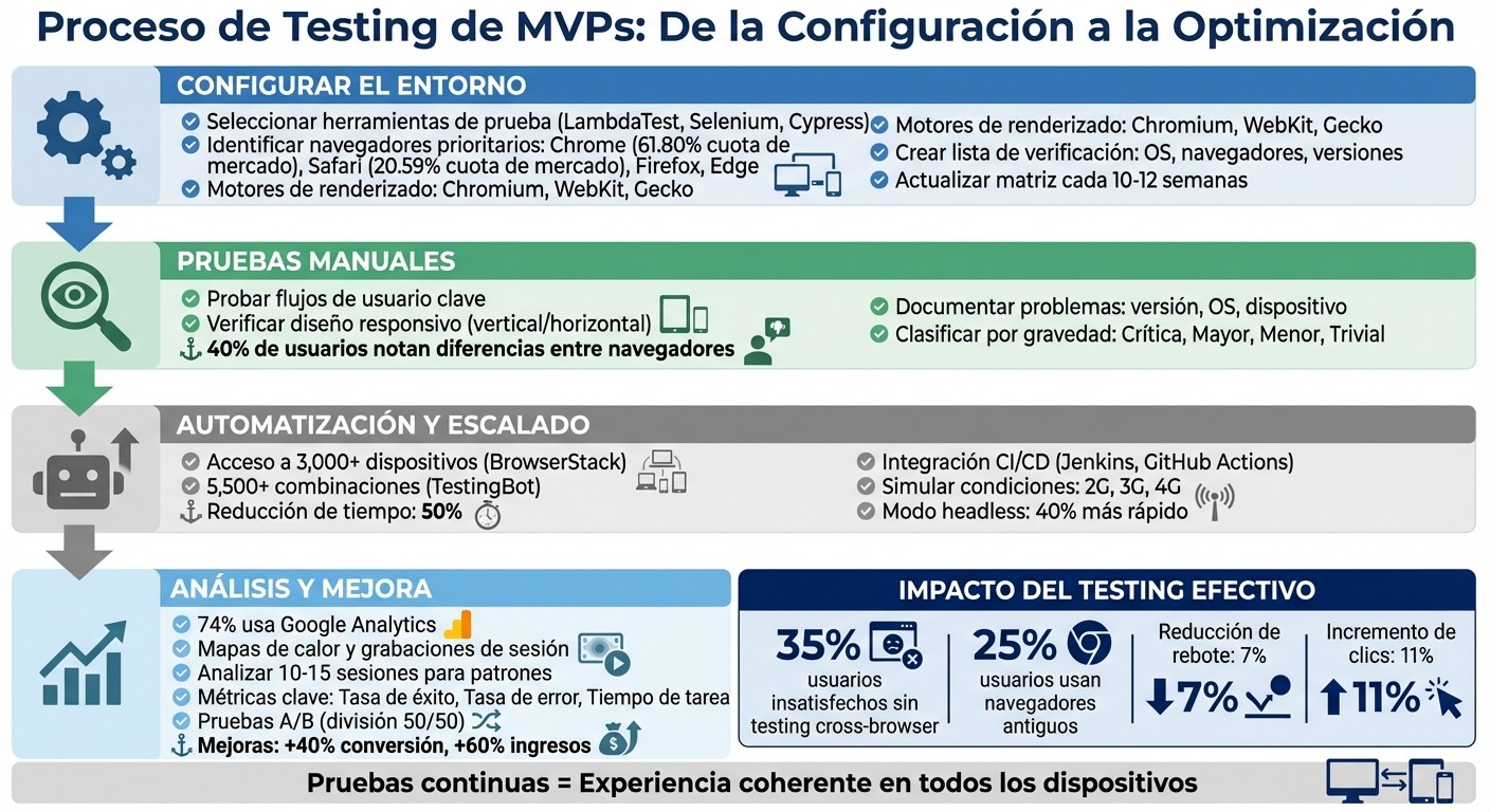 Proceso completo de testing de MVPs en múltiples navegadores y dispositivos