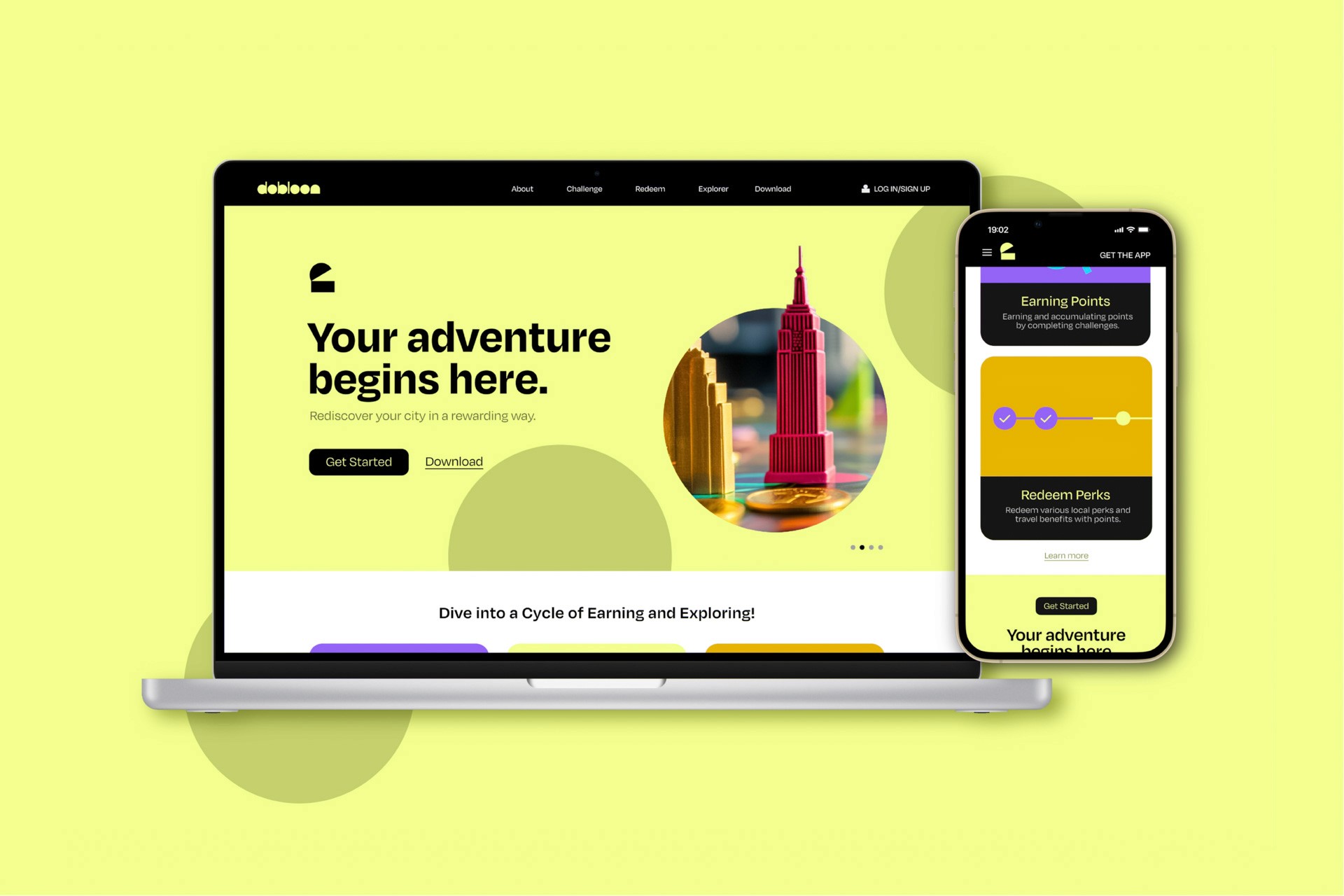 A laptop displays a website titled “Your adventure begins here.” with a yellow background, a red skyscraper graphic, and text reading “Rediscover your city in a rewarding way.” A smartphone beside the laptop shows “Earn Points” with earning and accumulating points by completing challenges, alongside “Redeem Perks” with rewards and points. The background is light green with overlapping circles.