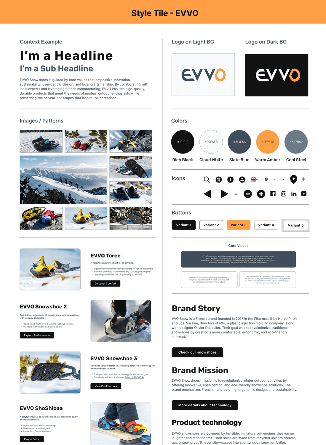 EVVO brand style tile including font samples, logo on light and dark backgrounds, color palette with swatches and hex codes, custom icons, and example buttons. The left side showcases editorial headlines, snowy product images, snowshoe model cards, and a summary of brand story, mission, and product technology. Core brand values and messaging are featured at the bottom.