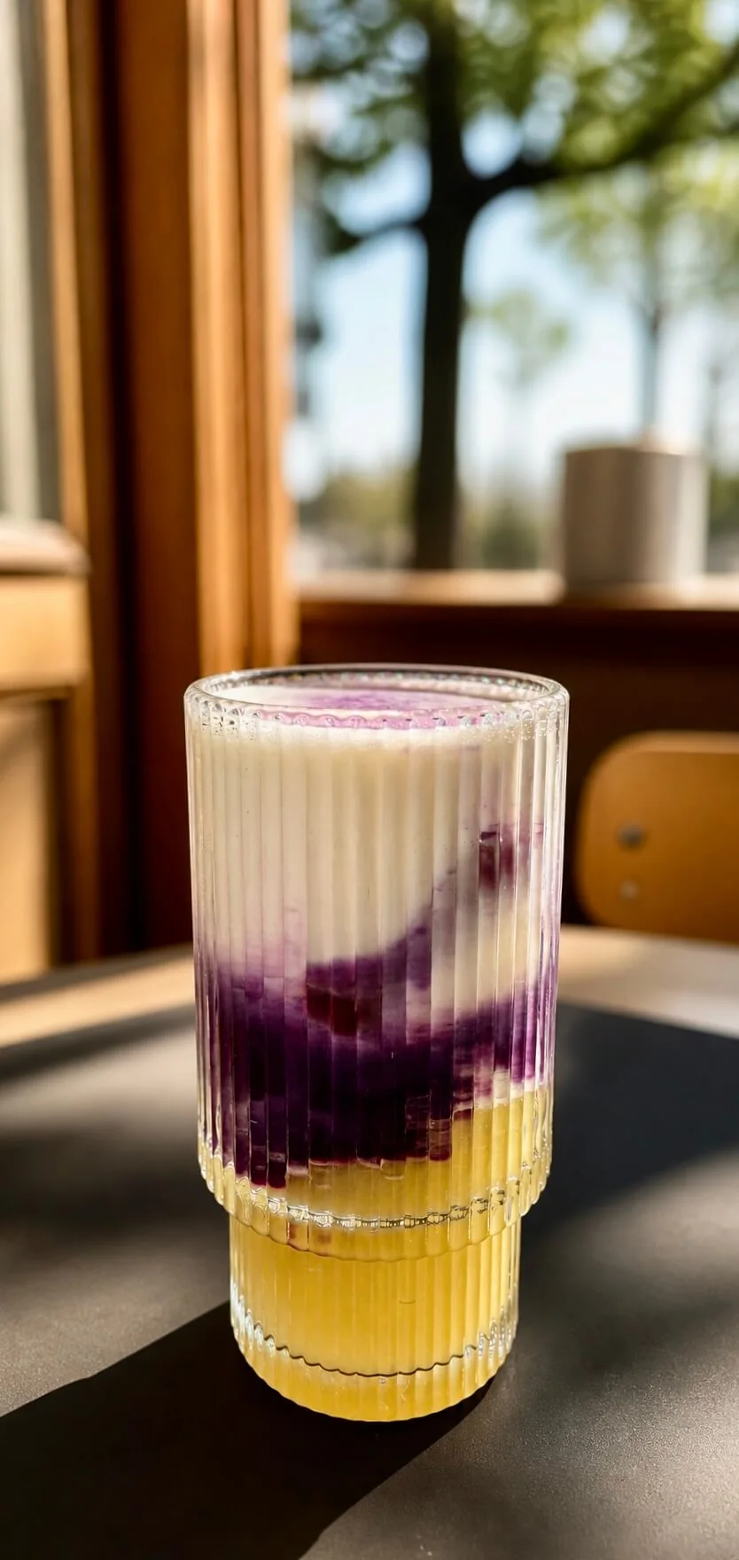 A colorful drink in a clear cup sits on a table, with sunlight and trees in the background.