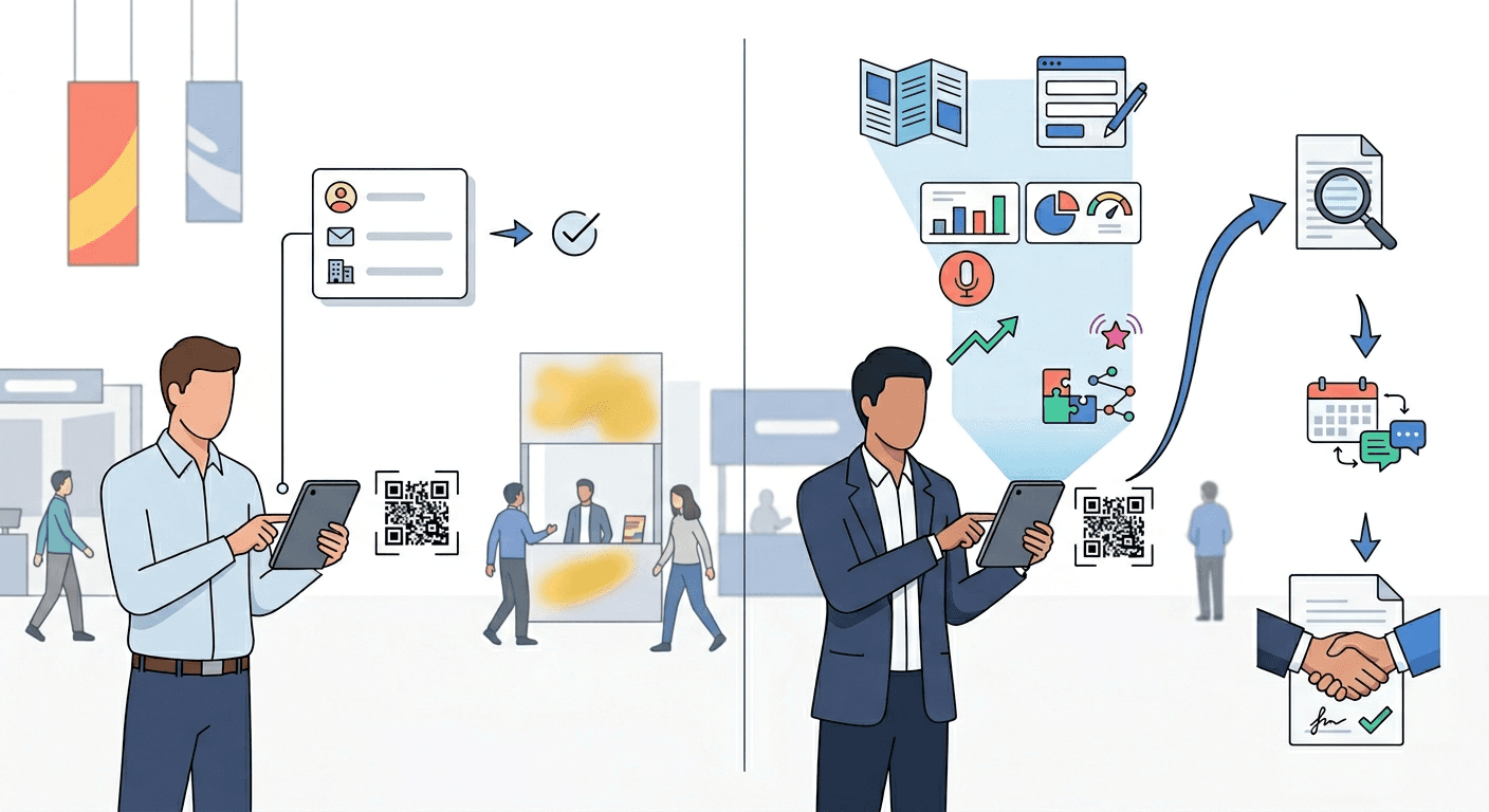 Comparison of a basic QR code scan that creates a contact record versus a Habsy Business QR workflow that progresses from lead capture to qualification, follow-up, and a signed business deal.