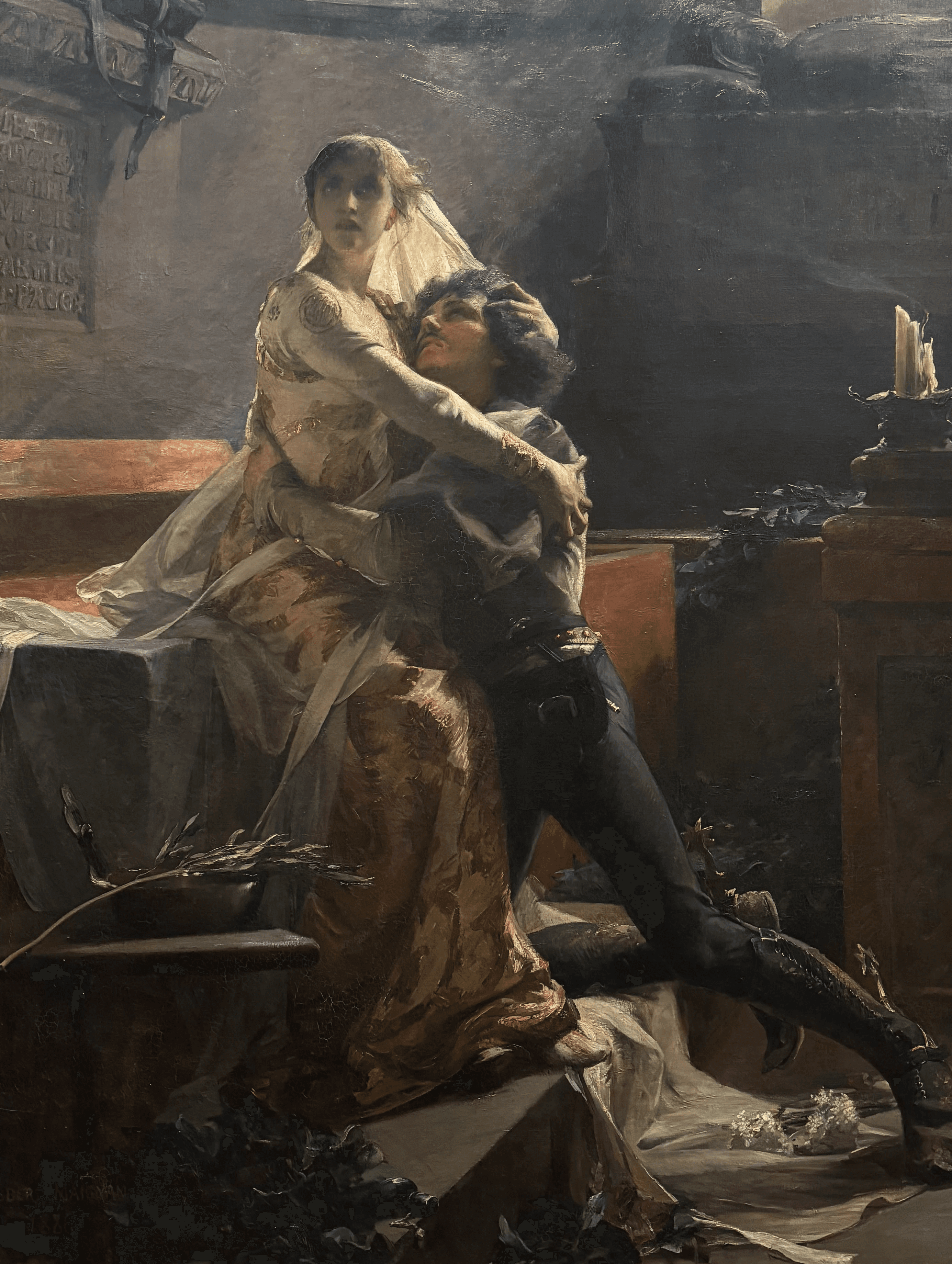 Vue d'ensemble du tableau "Le Réveil de Juliette" d'Albert Maignan (1887), huile sur toile, 227 x 177 cm, dans son cadre doré sculpté, Musée des Beaux-Arts de Lyon. Juliette en robe blanche se réveille dans les bras de Roméo mourant, dans un décor de caveau sombre aux tons ocres et gris.