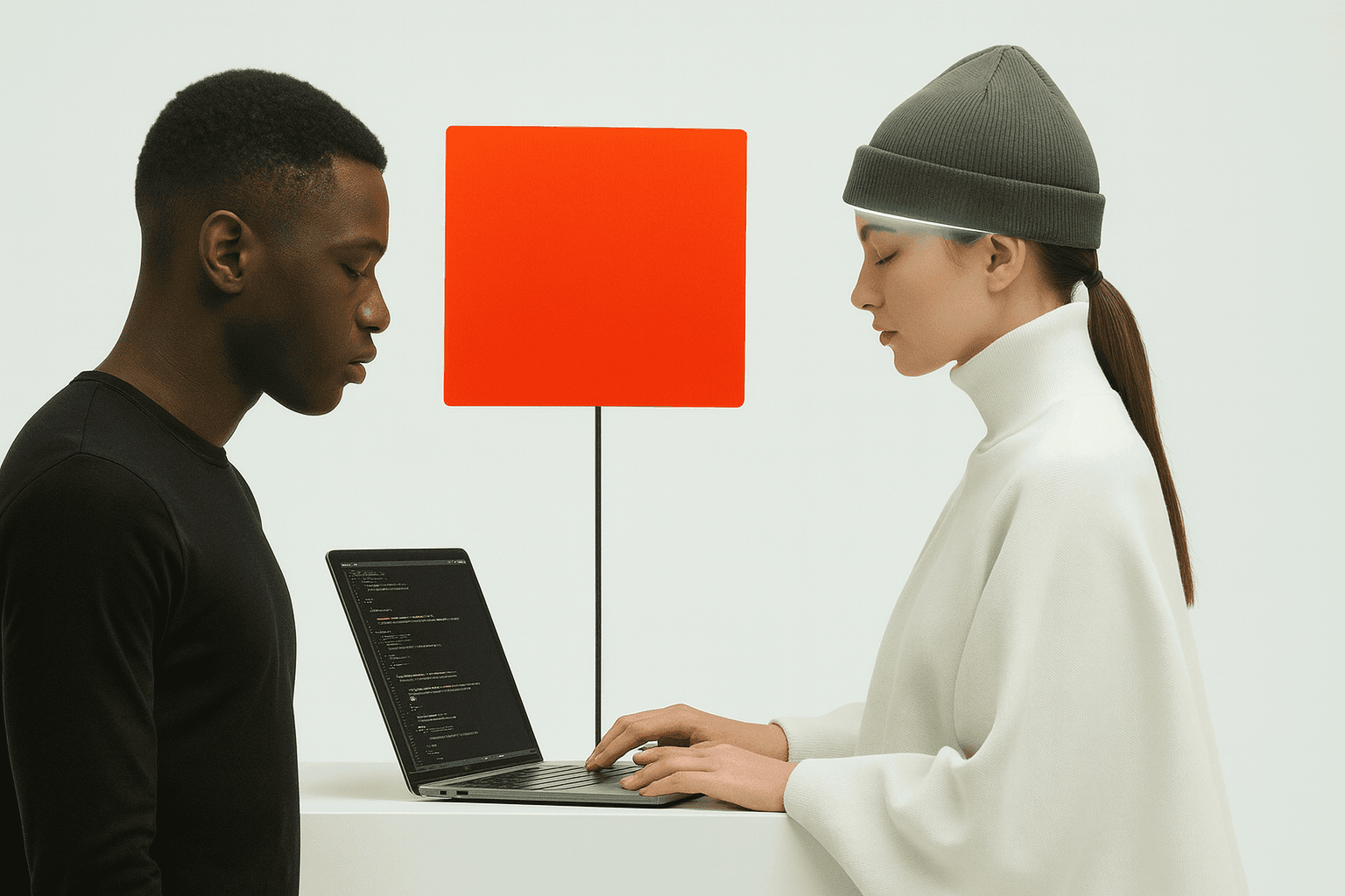 Young black woman witting at the table working on a laptop