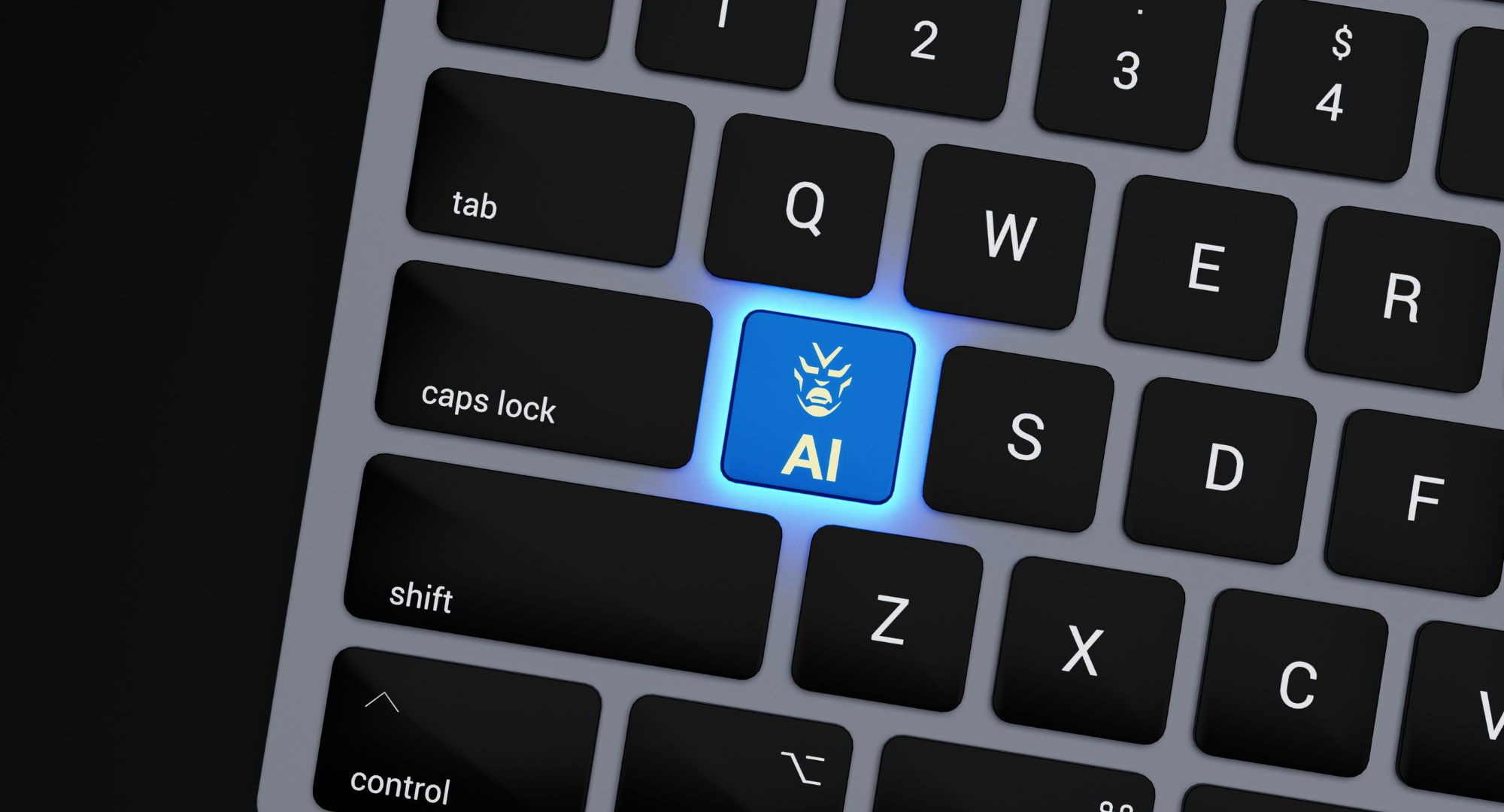 teclado de computador com uma tecla azul em destaque escrito "AI"