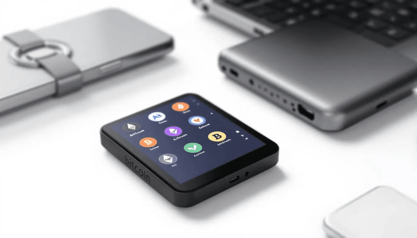 The image shows a hardware wallet, a physical device designed for storing private keys securely, with its screen displaying multiple cryptocurrency logos. This crypto hardware wallet emphasizes advanced security features, ensuring that users can manage their digital assets safely and offline.