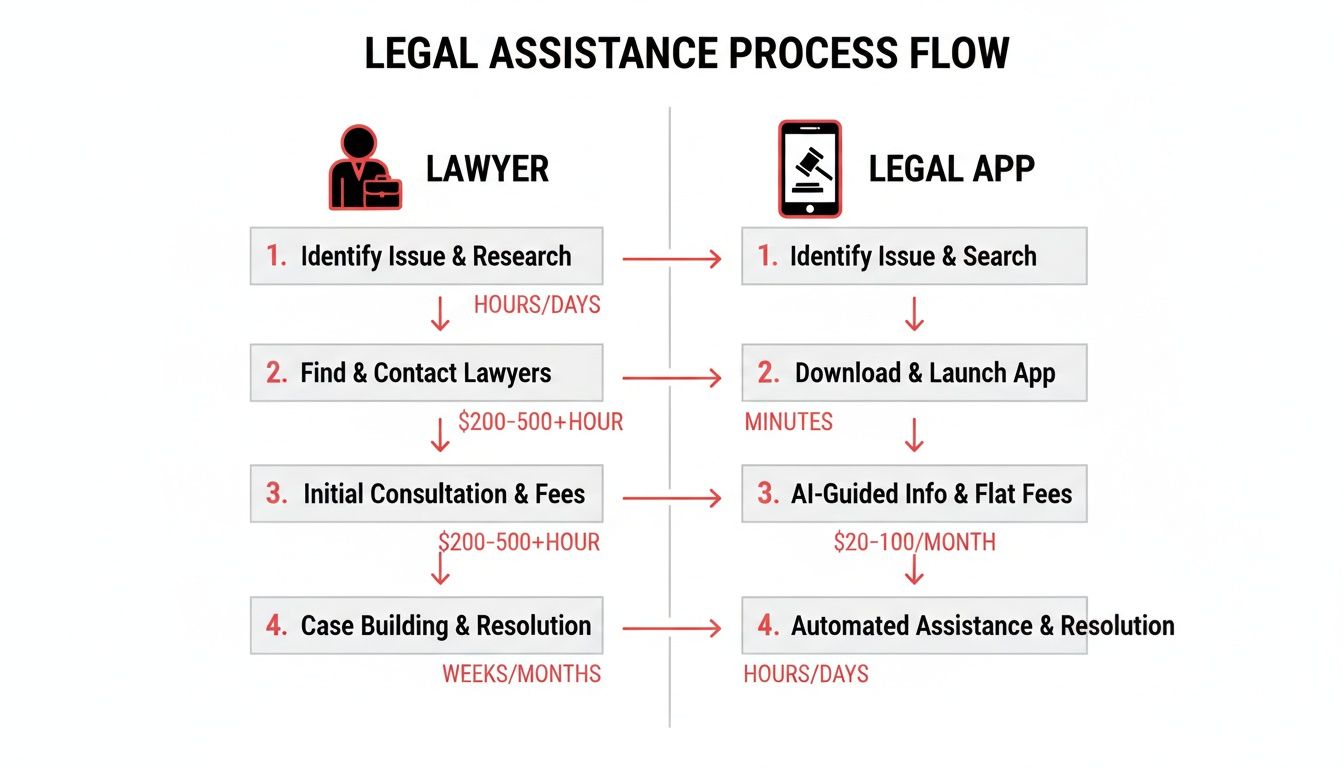 A flow chart comparing the legal assistance process through a lawyer versus a legal app, showing time and cost differences.