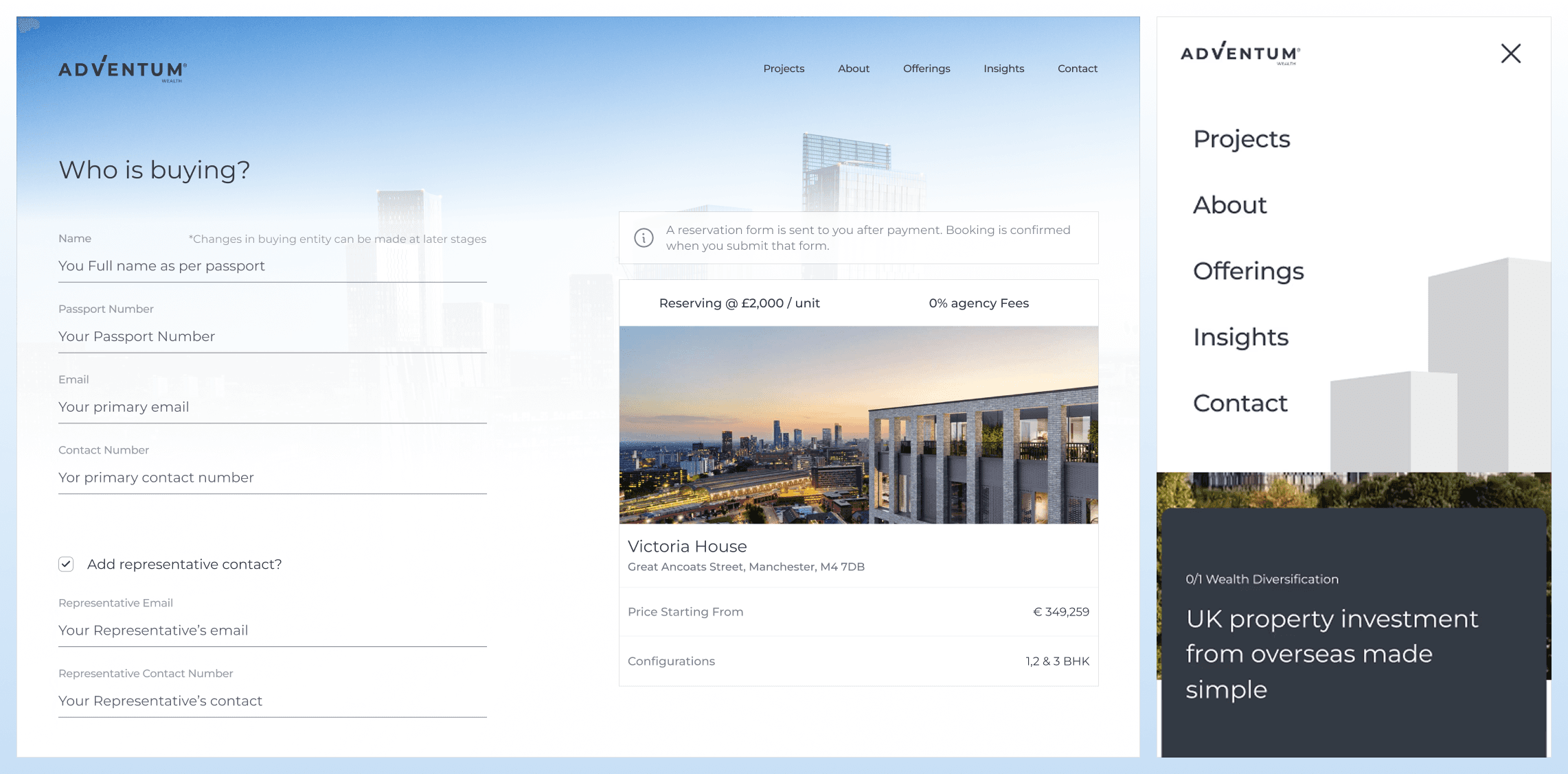 A mockup of Adventum Website Navigation