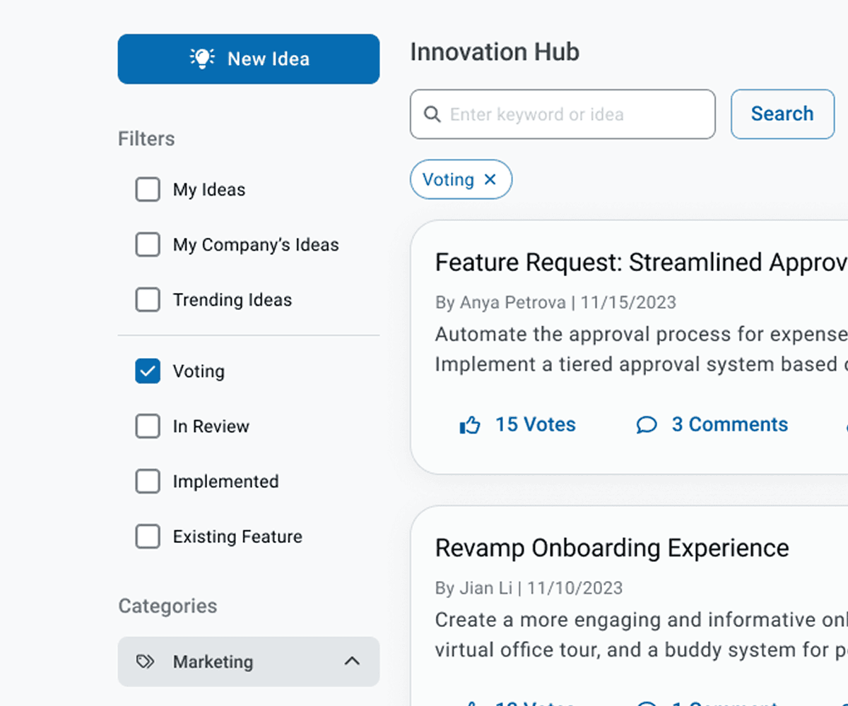 A close up of Innovation Hub's filter options that are shown as checkboxes
