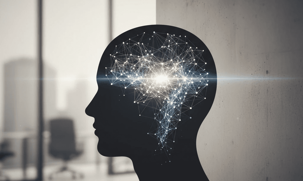 Symbolische Darstellung der Katharsis: In einer Kopf-Silhouette leuchten vernetzte Neuronen auf und visualisieren den Moment der neuronalen Synchronisation und des tiefen Verständnisses.