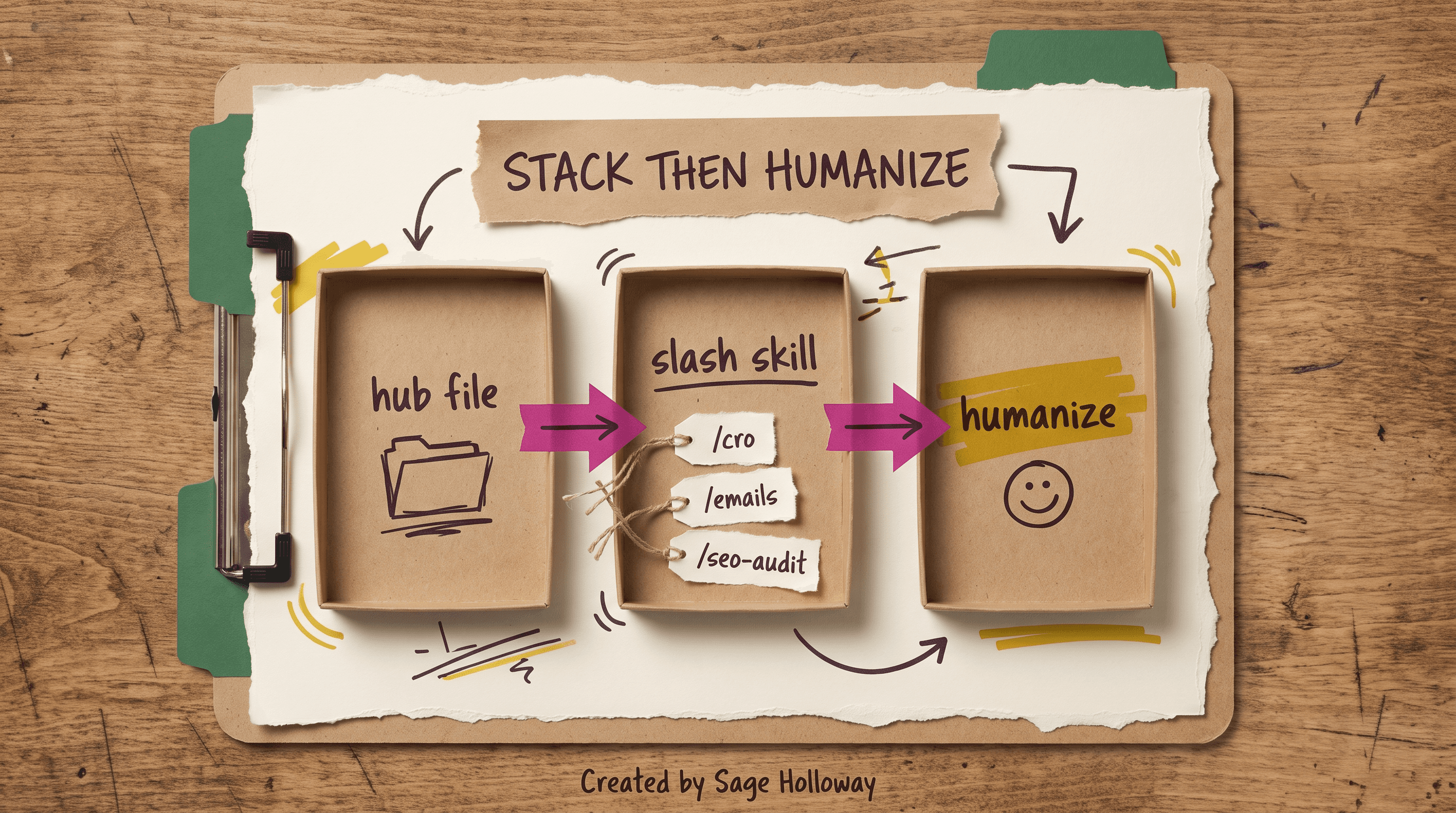 Diagram of product-marketing.md feeding a slash skill then a humanize pass