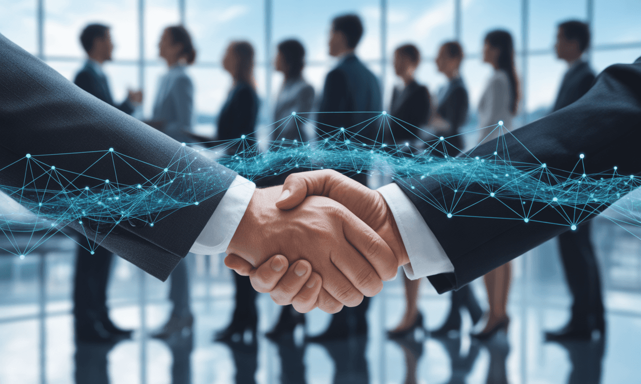 Business handshake with digital network connections representing secure enterprise collaboration