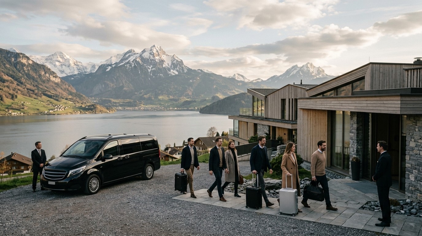 Group of travelers with luggage arriving at a lakeside venue in the Swiss Alps