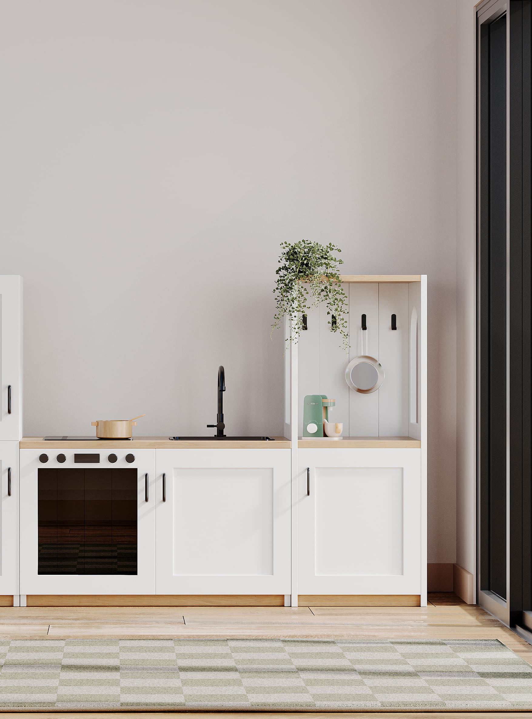 3D render of modern white kitchen set with cabinets, sink, and wooden countertop
