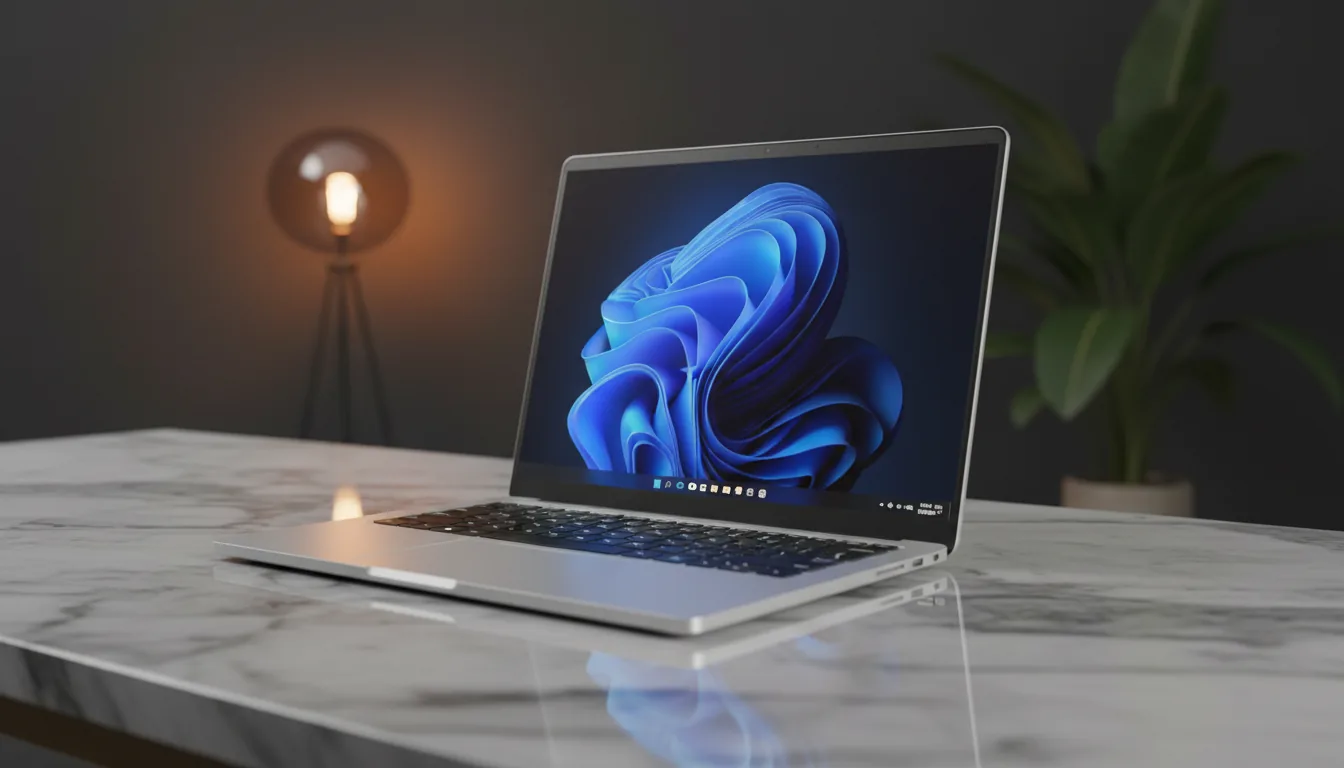 DSLR product photography of a sleek, silver professional laptop, open and angled on a polished grey and white marble countertop. The screen is on, displaying a vibrant abstract wallpaper with flowing waves of electric blue, purple, and orange, with a minimalist Windows 11 UI on the taskbar. The shot has a shallow depth of field, with the background softly blurred, showing a dark charcoal wall, a warm floor lamp, and the green leaves of a houseplant. Soft studio lighting creates clean reflections on the laptop's metallic chassis and highlights the texture of the marble.