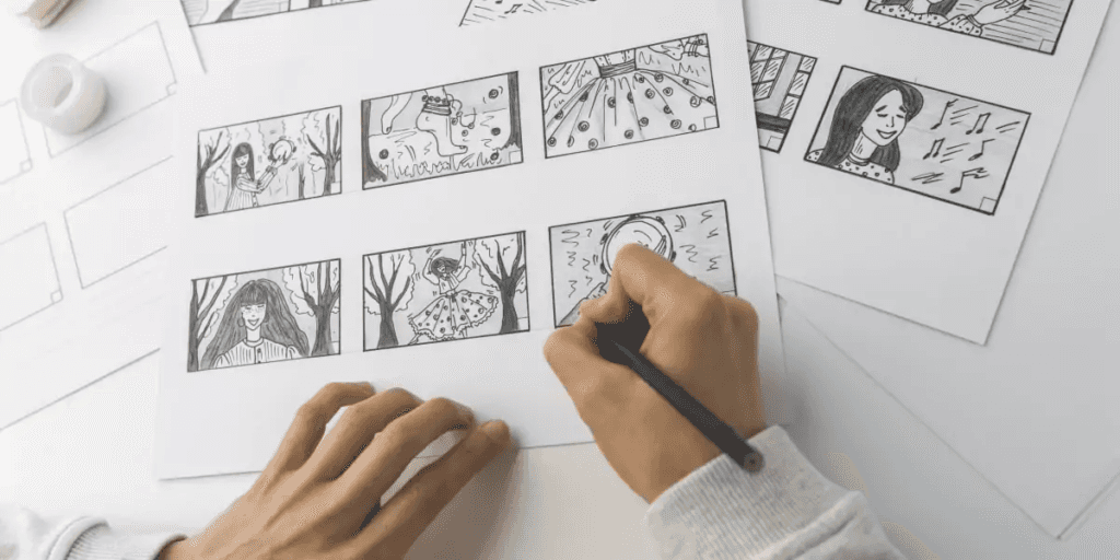 A scriptwriter drawing a detailed storyboard&nbsp;