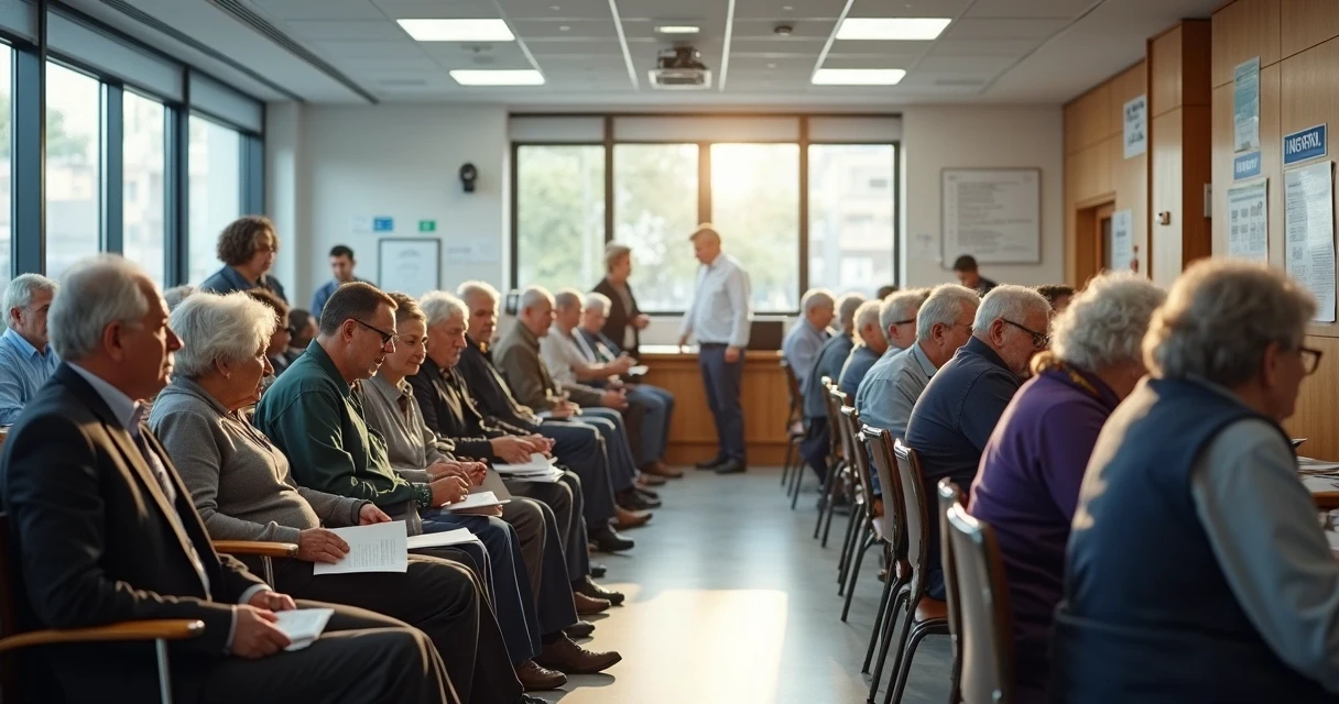 Fila de pessoas aguardando atendimento no INSS.