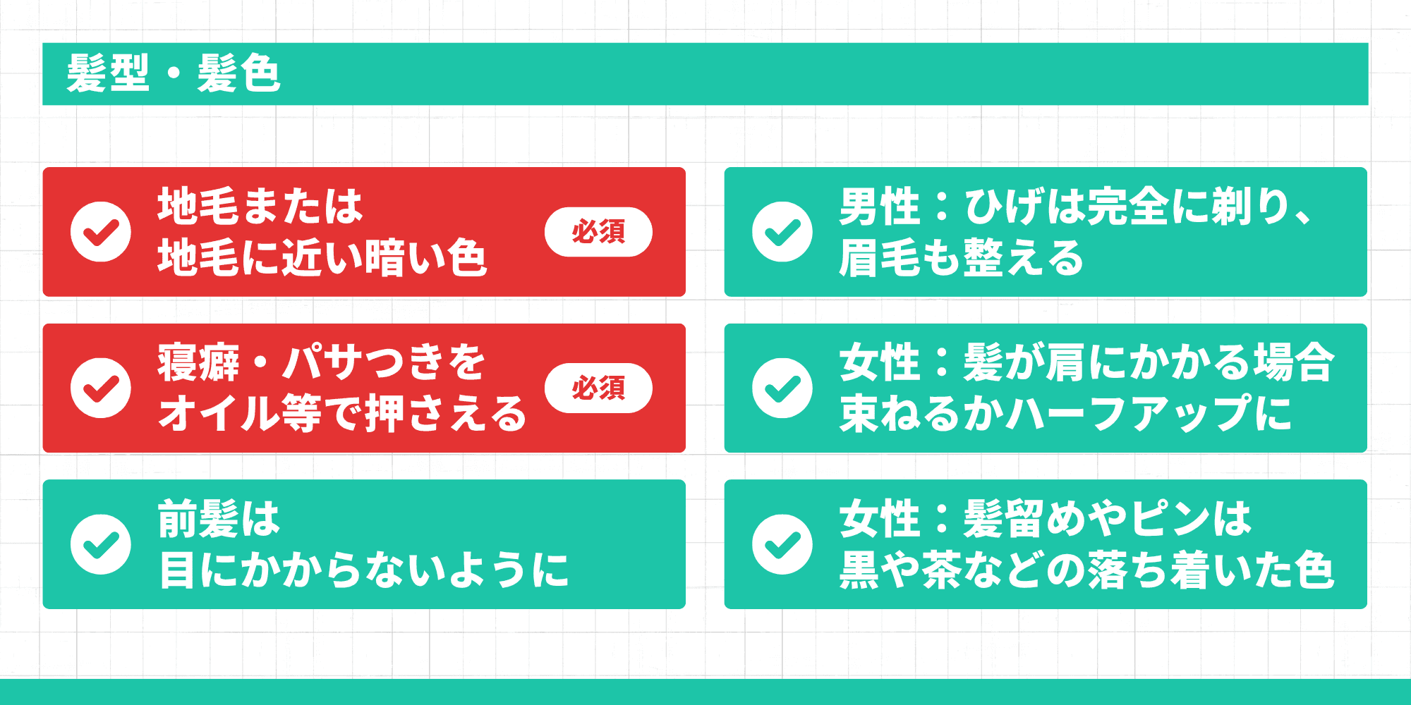 髪型・髪色のポイント：地毛または地毛に近い暗い色（必須）、寝癖・パサつきをオイル等で押さえる（必須）、前髪は目にかからないように、男性はひげを完全に剃り眉毛も整える、女性は髪が肩にかかる場合束ねるかハーフアップに、髪留めやピンは黒や茶などの落ち着いた色