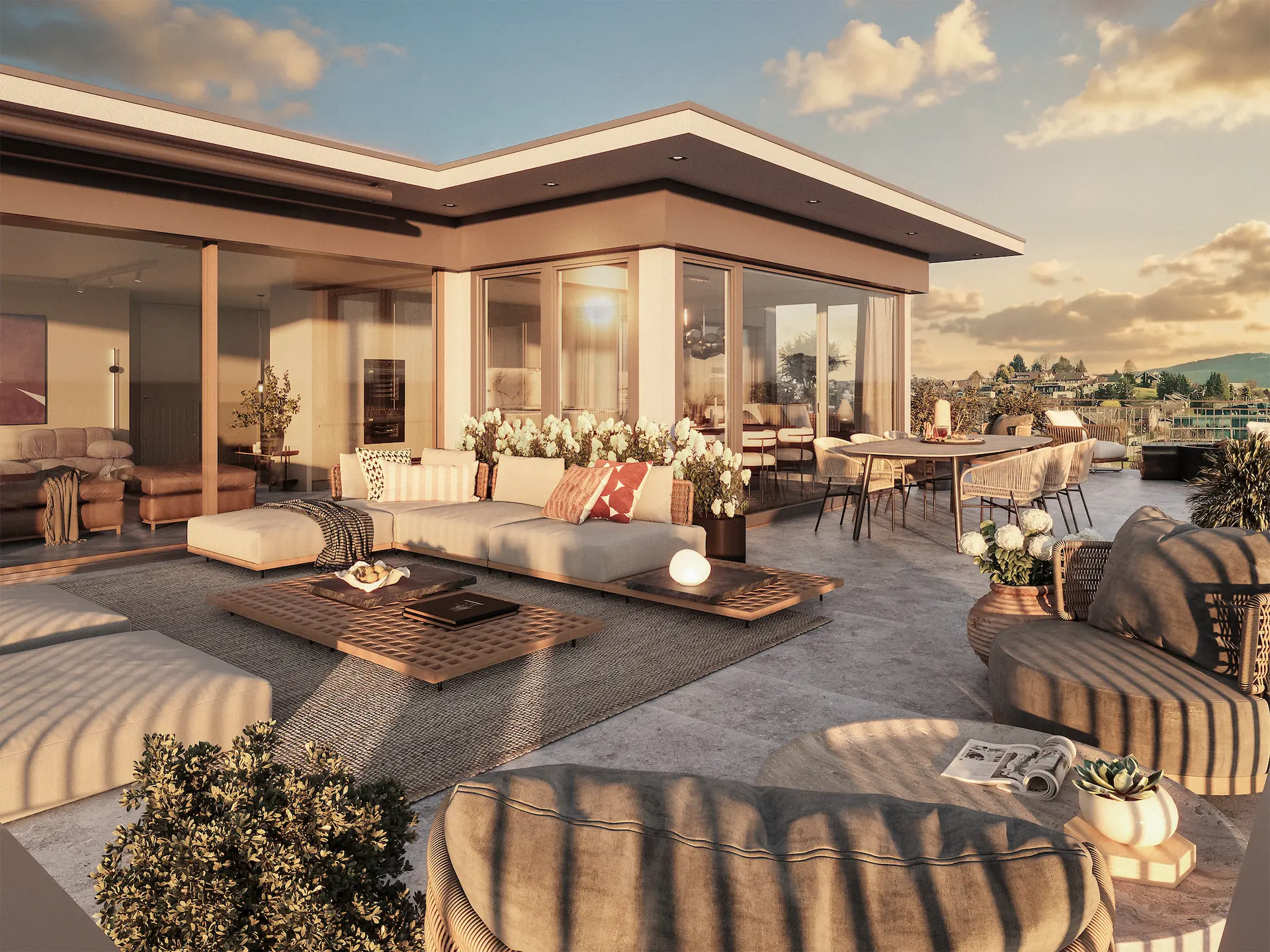 Terrassenvisualisierung im Dämmerungslicht mit schönem Schattenspiel über die hochwertige Möblierung