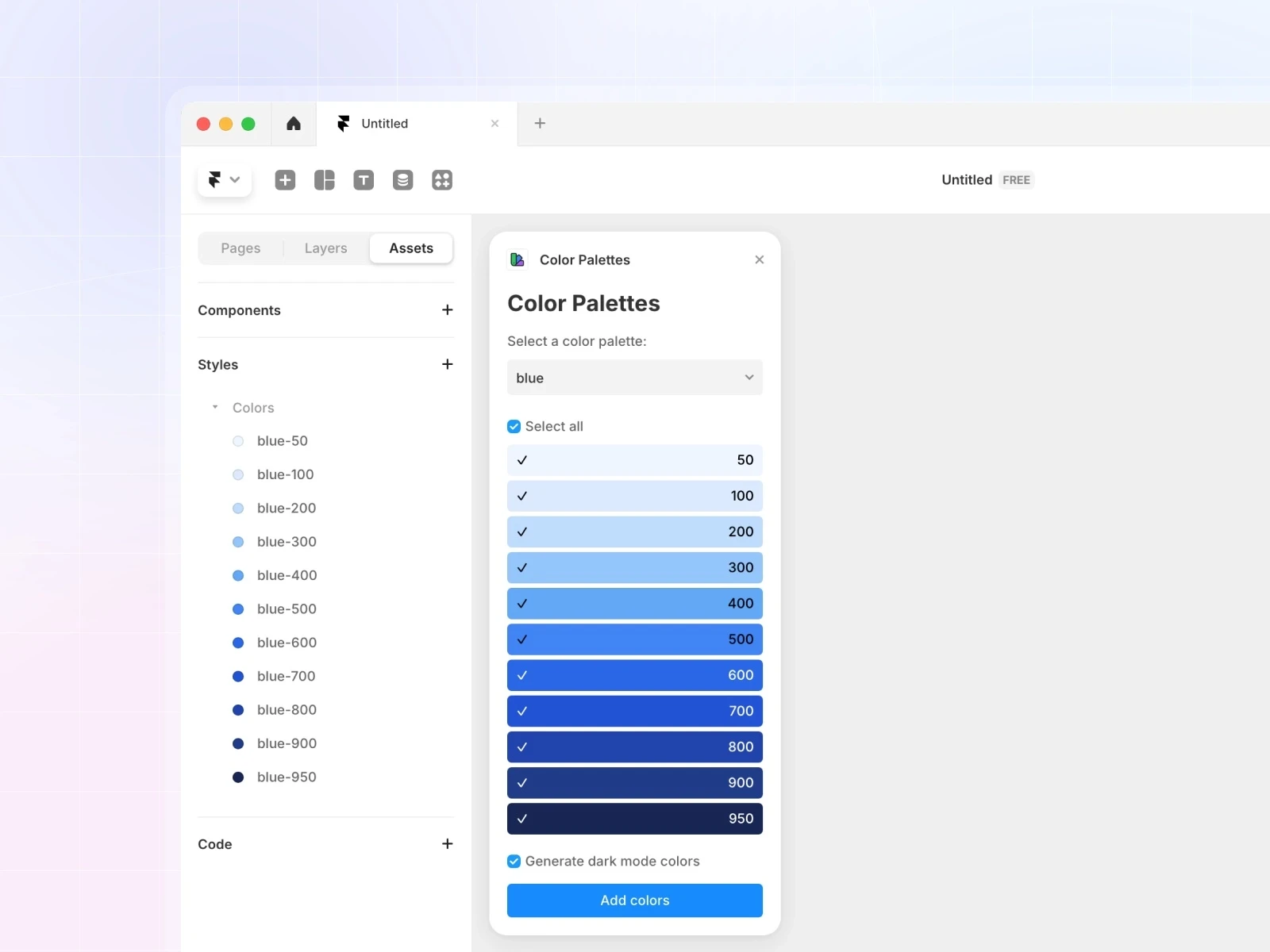Design interface showing a blue color palette selection tool.