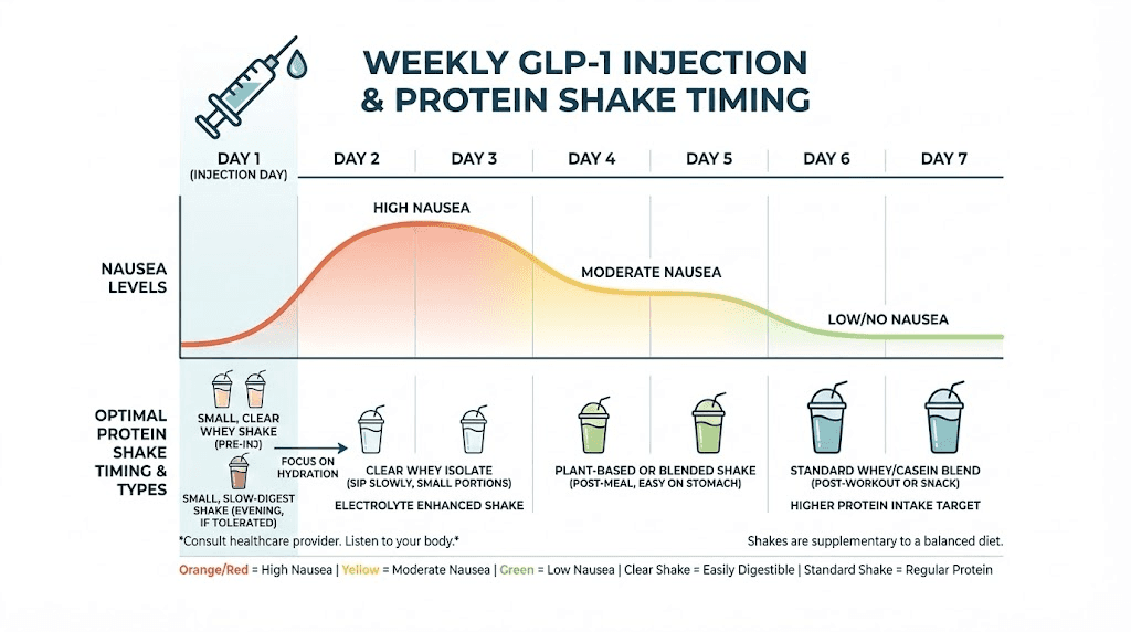 Protein shake timing schedule around weekly GLP-1 injection for best tolerance