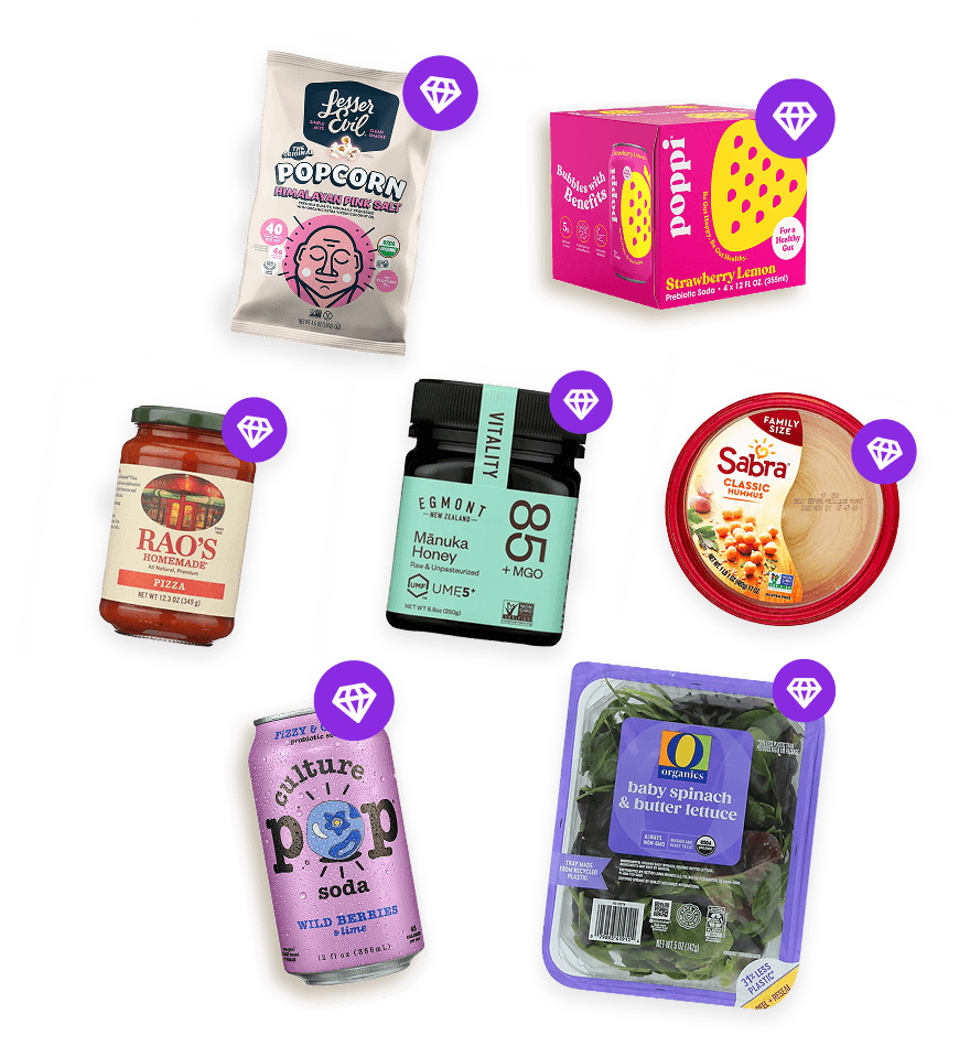 A group of snacks with the diamond badge on them to indicate that they are perfect