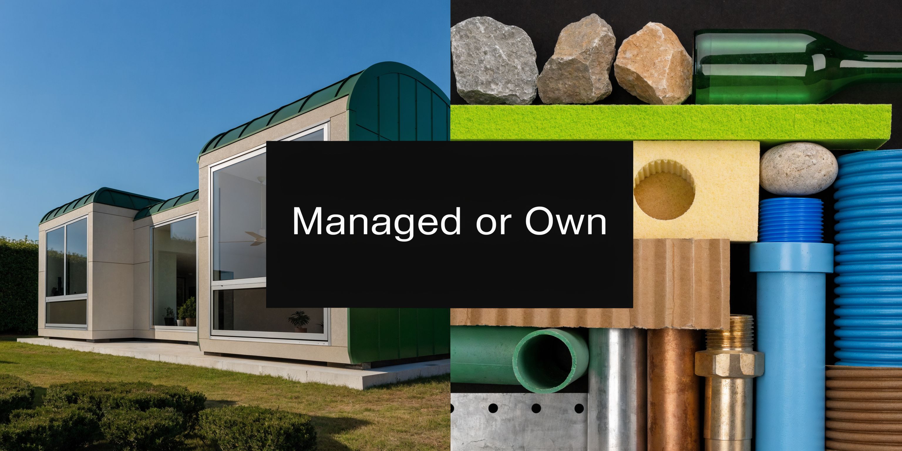 A split image showing a modern building exterior next to various construction materials and supplies.