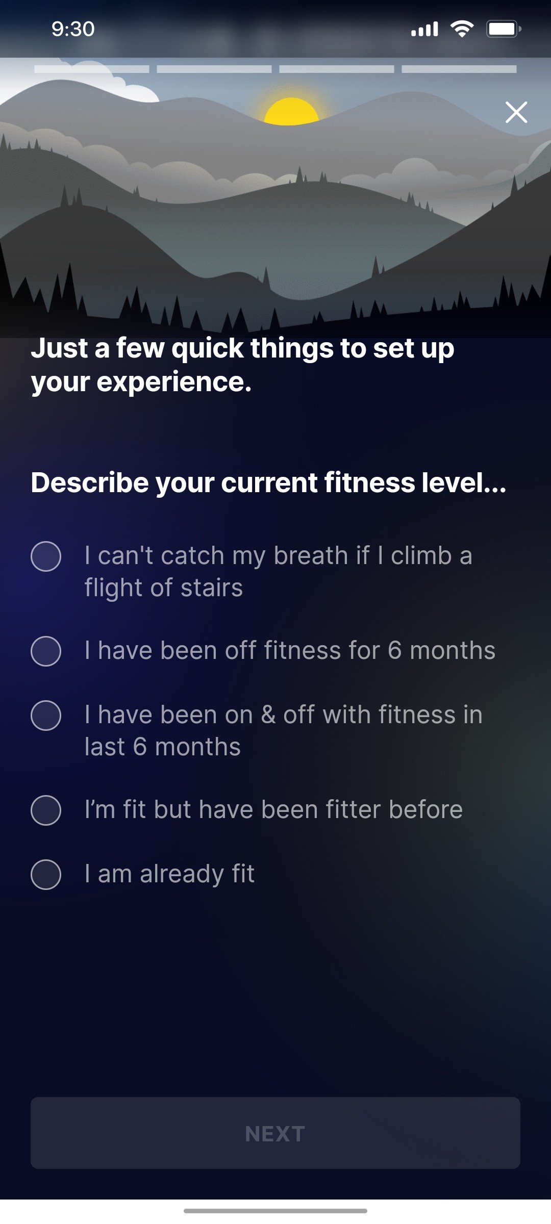 Cult.fit App Describe your current fitness level Screen