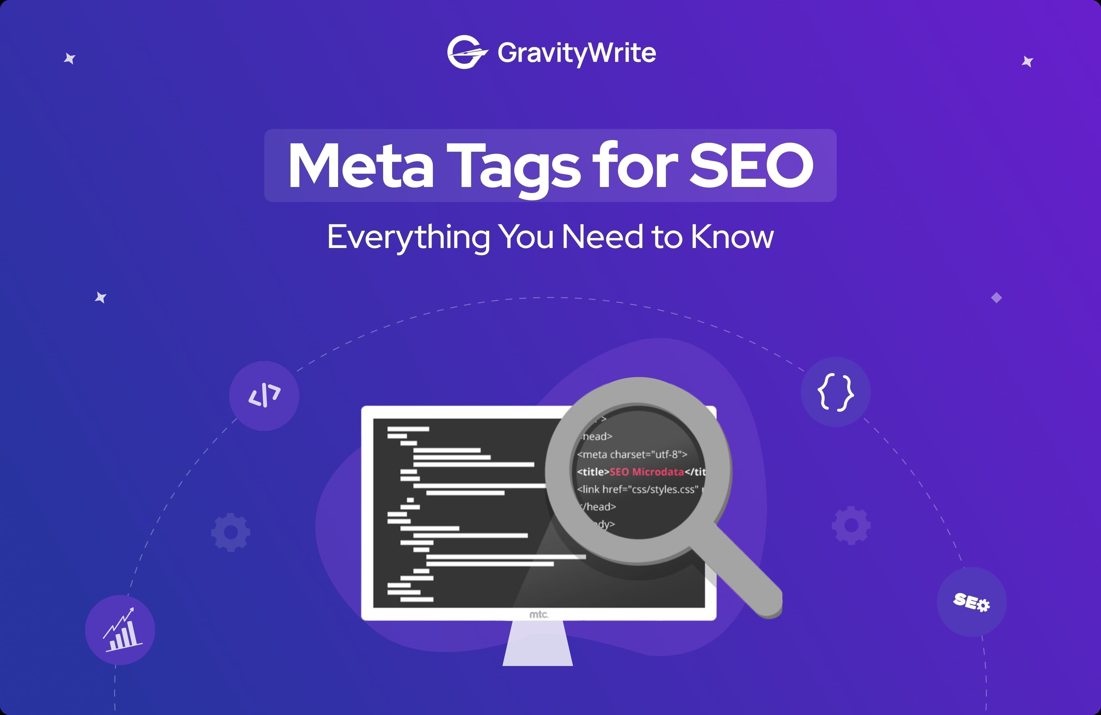 Snapshot of a digital graphic by GravityWrite with "Meta Tags for SEO" title, a monitor displaying code, and SEO-related icons in purple