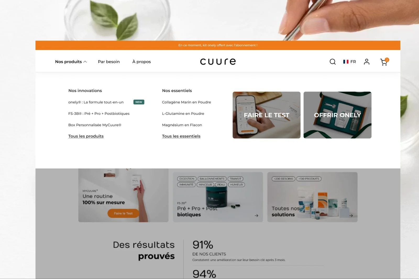 Refonte du mega menu desktop et homepage Cuure avec navigation par catégorie et blocs preuves sociales