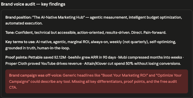 Google Ads Creative Fatigue in Claude - Review the brand voice audit