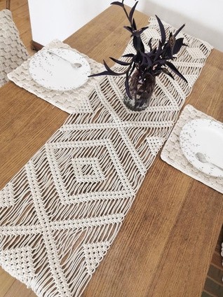 Handmade macrame dining table runner with geometric knot design