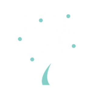 Stylized tree with white trunk and leaves, teal accents as berries/in trunk, against black backdrop.
