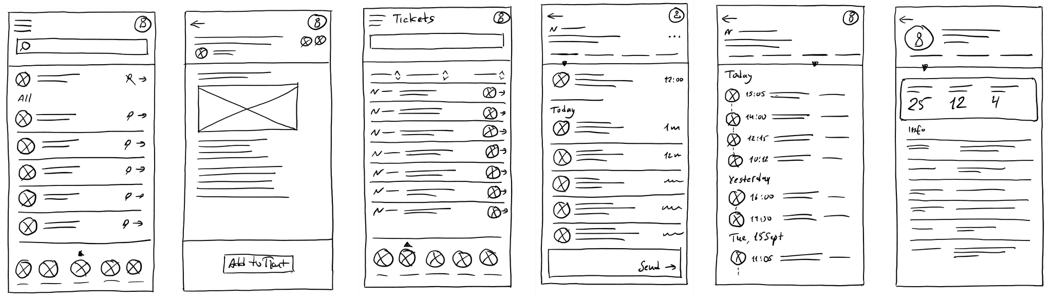 Paper wireframes, different pages