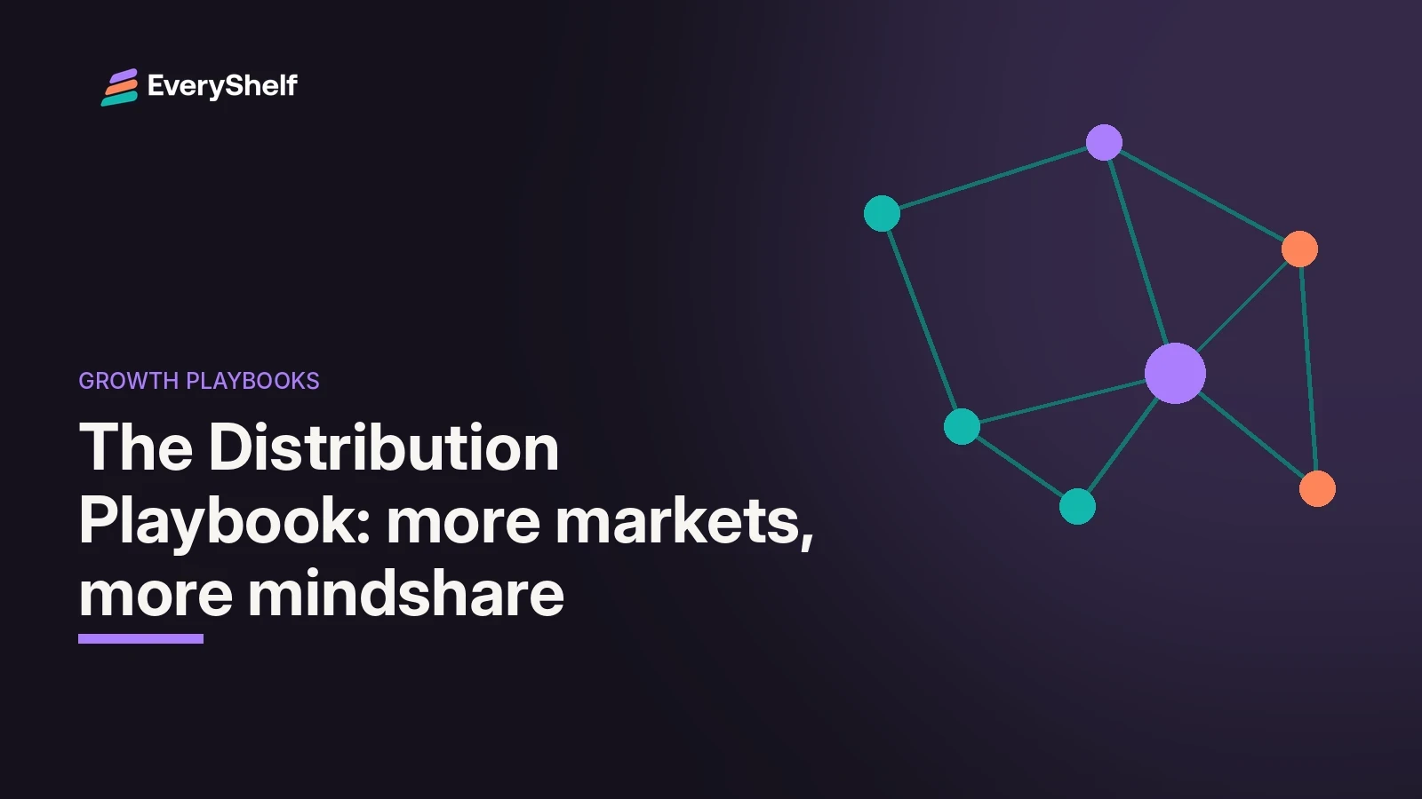 Illustrated network of connected nodes in EveryShelf teal, orange and purple on a dark background, with the title The Distribution Playbook
