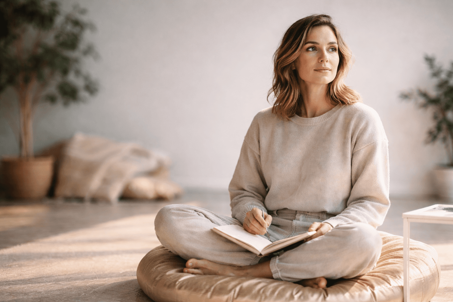 Frau sitzt entspannt im hellen Raum auf einem Meditationskissen und schreibt in ein Notizbuch – ruhige Atmosphäre für Achtsamkeit und Stressbewältigung