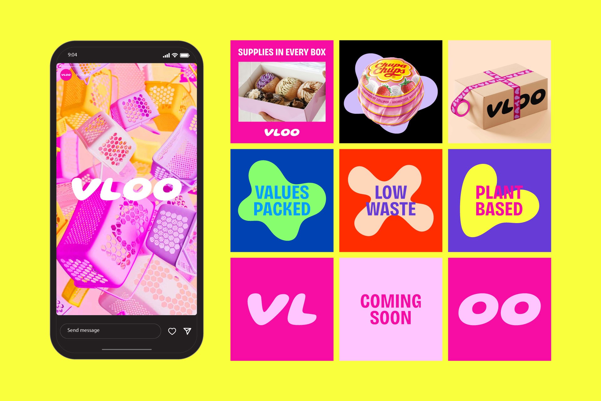 Social media tiles and Instagram Stories graphics on a bright yellow background.