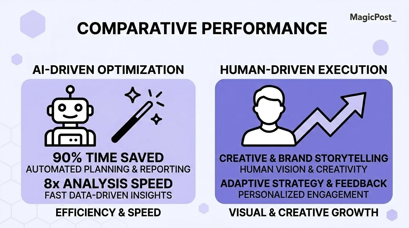 Comparison infographic showing AI-driven optimization versus human-driven execution for LinkedIn posts