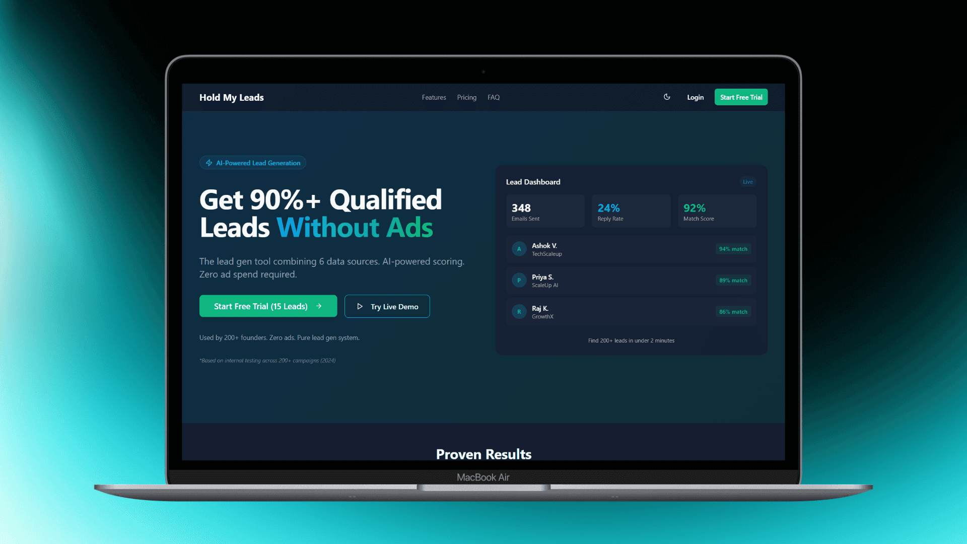 Hold My Leads, Lead genration tool open in Laptop with Sky blue and Black Gradient Background.