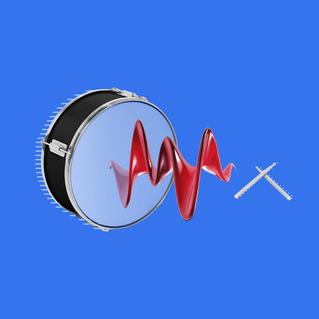 Bombo azul con onda de sonido roja y baquetas cruzadas, fondo azul