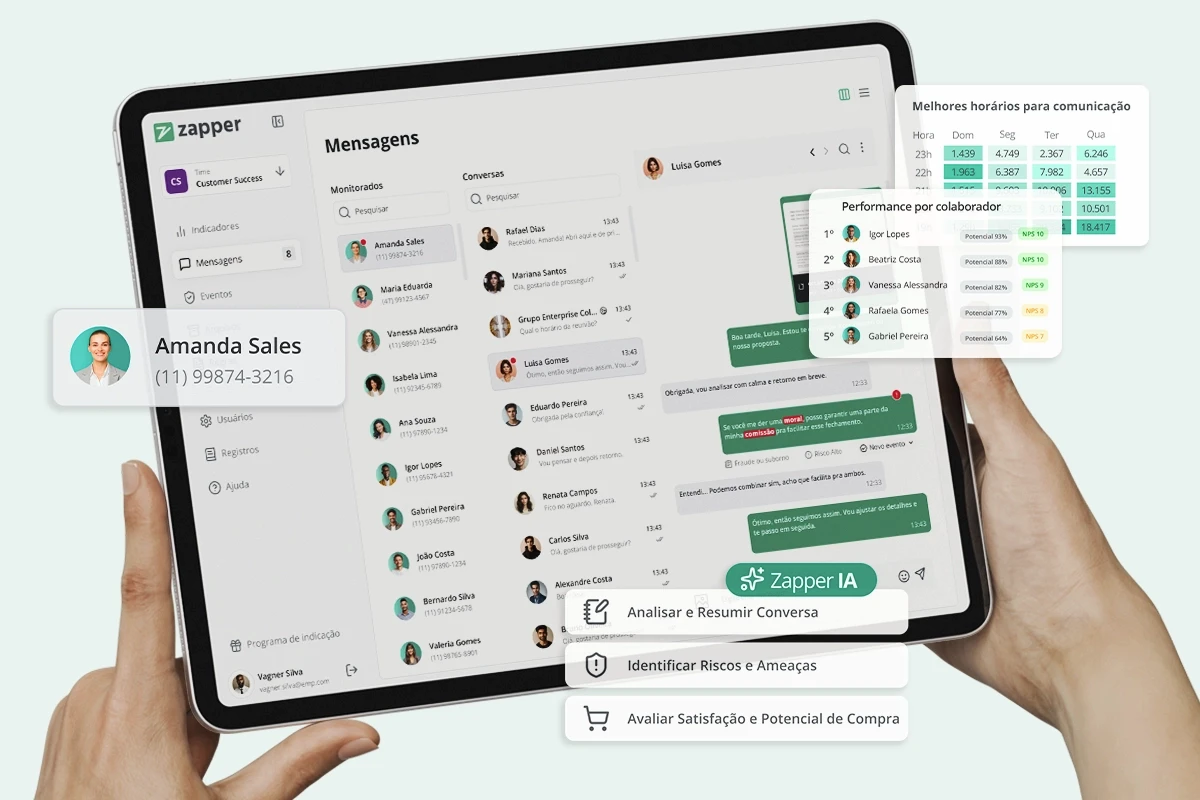 Tela com ferramenta de monitoramento de WhatsApps corporativos, Zapper