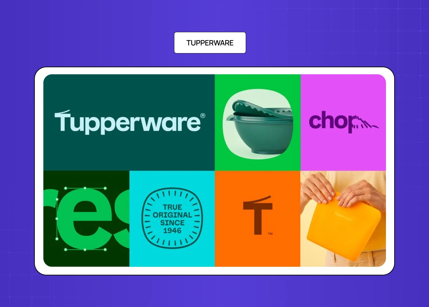 Tupperware rebrand visuals featuring updated logo, colors, typography, and product imagery.