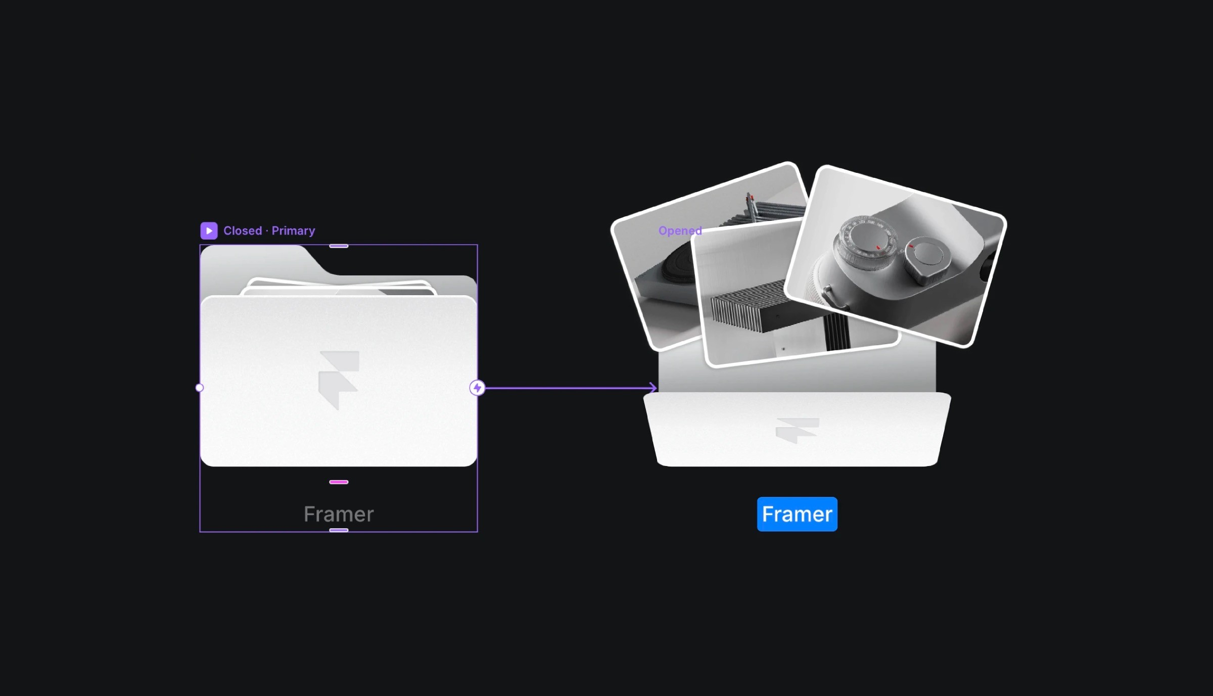 Interactive Framer interface showcasing folder states with modern design elements