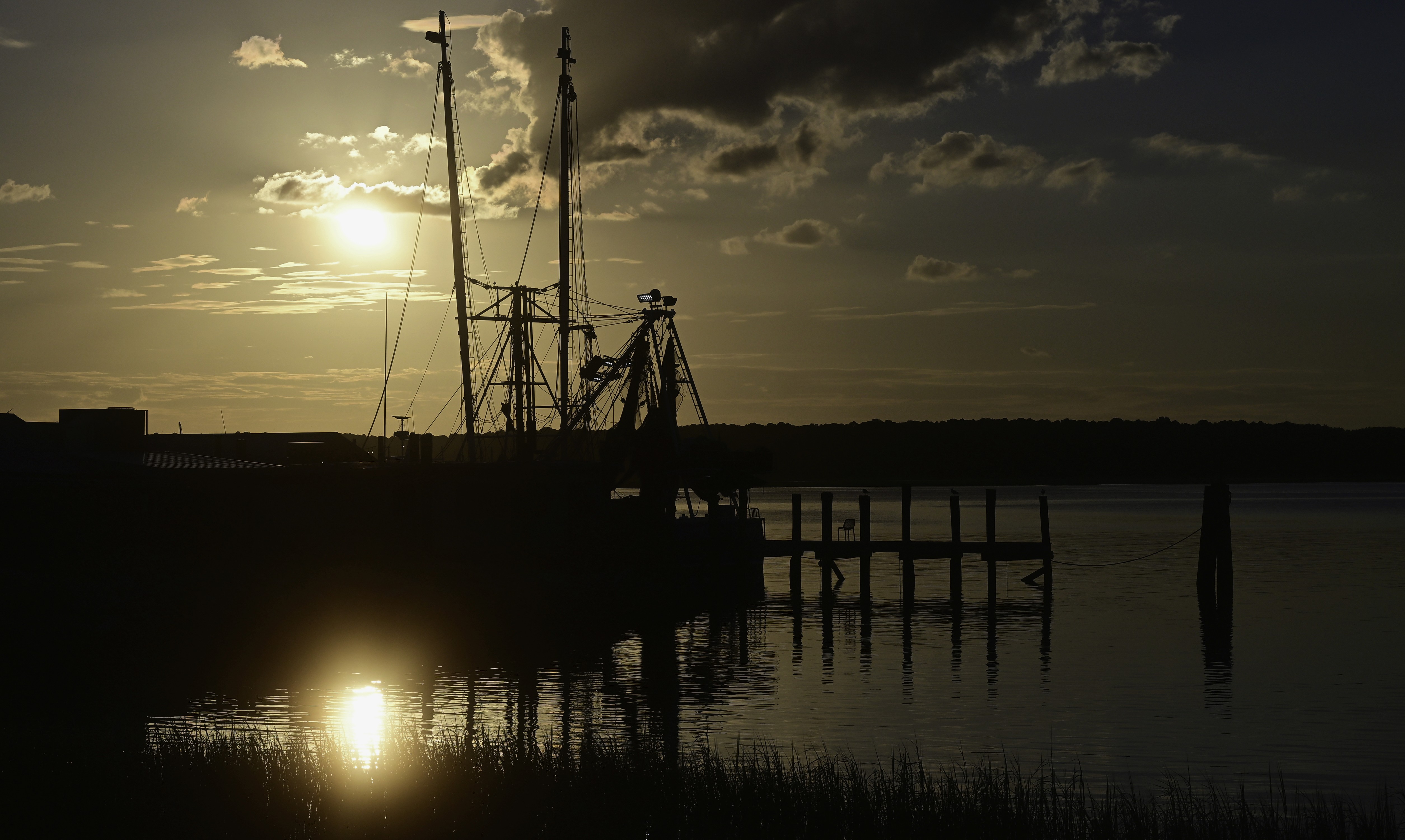 A shoreline at dusk