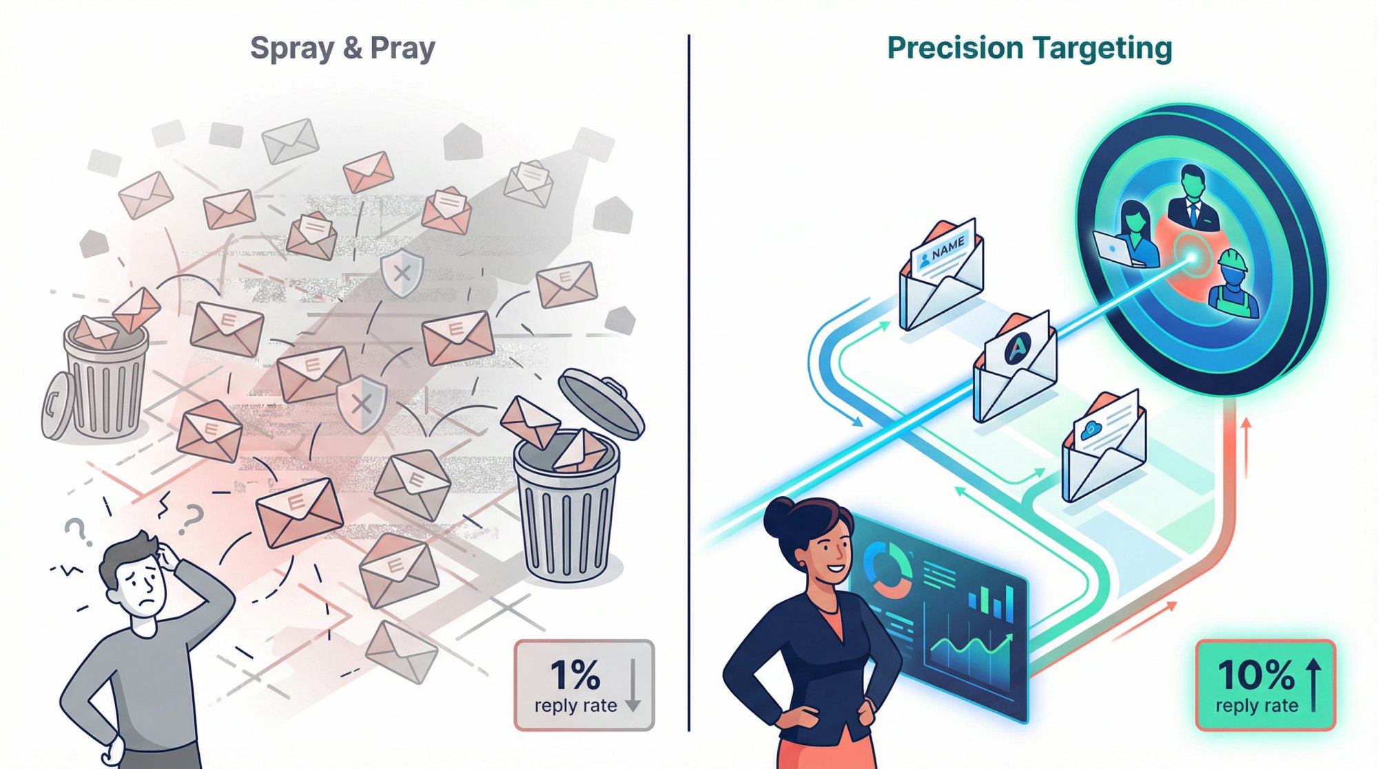 Split comparison showing chaotic spray-and-pray email blasts versus precise ICP-focused targeting hitting ideal prospects