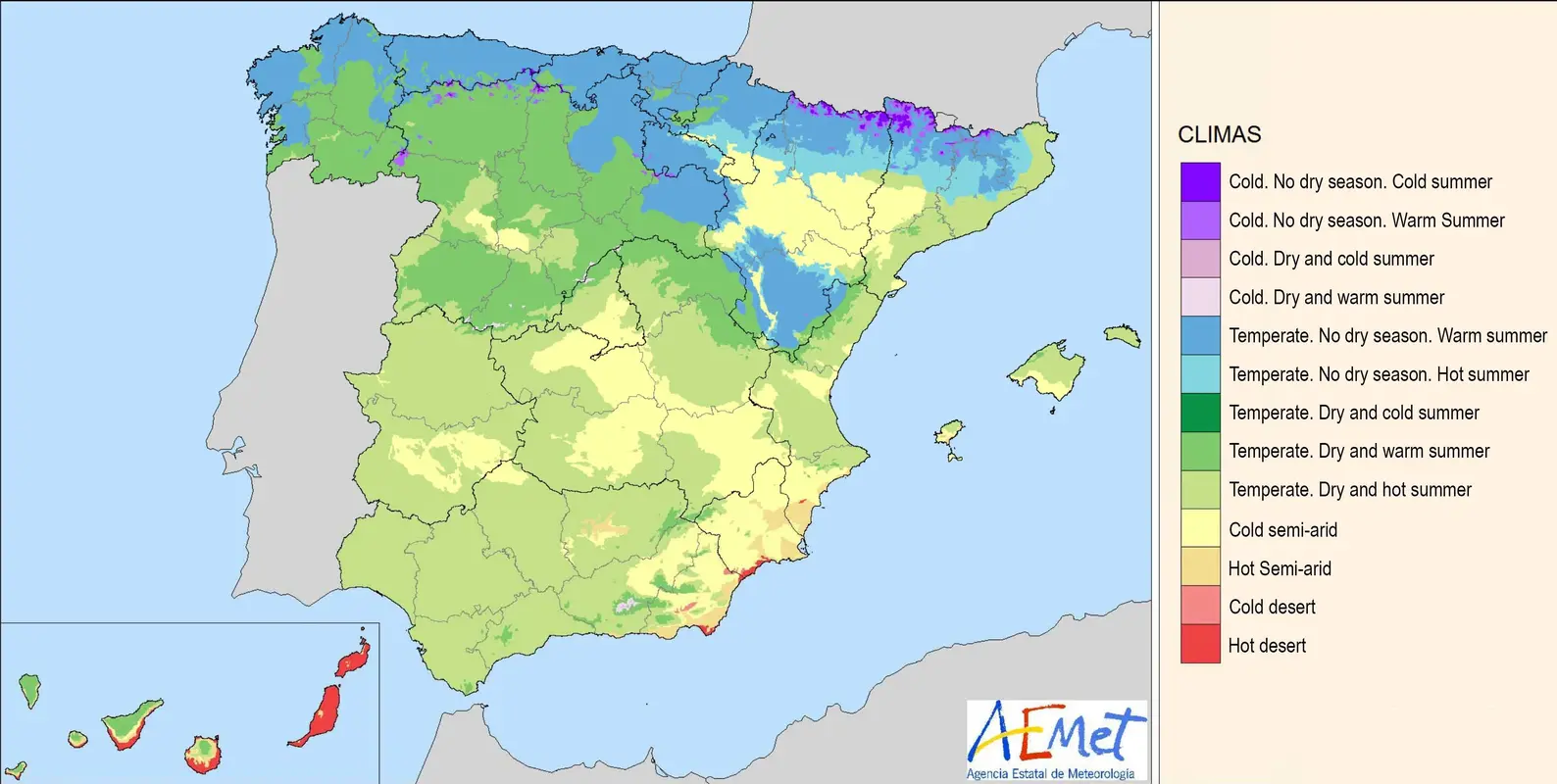 Colorful weather map of Spain showing regional climates for travel planning