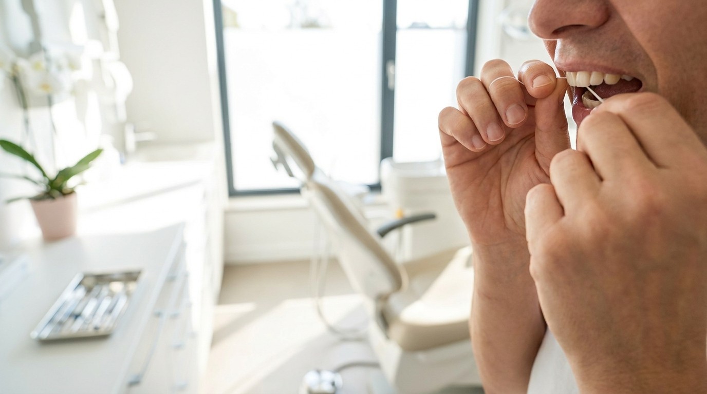 A person uses white string floss to clean between their teeth in a bright dental setting.