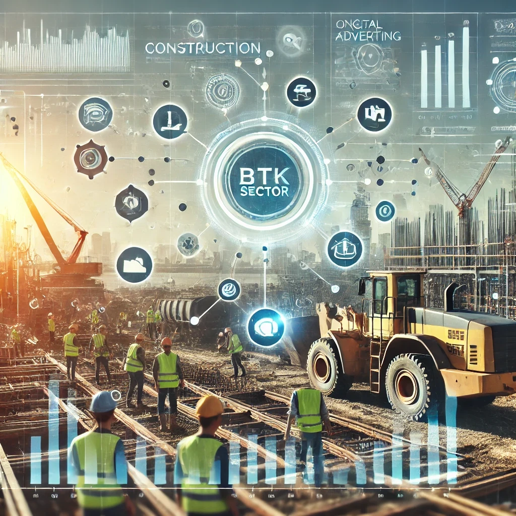 Visuel d'un chantier moderne avec des ouvriers et des machines, illustrant l'efficacité du secteur BTP. En surimpression, une interface numérique de publicité en ligne symbolise le lien entre le BTP et le marketing numérique.