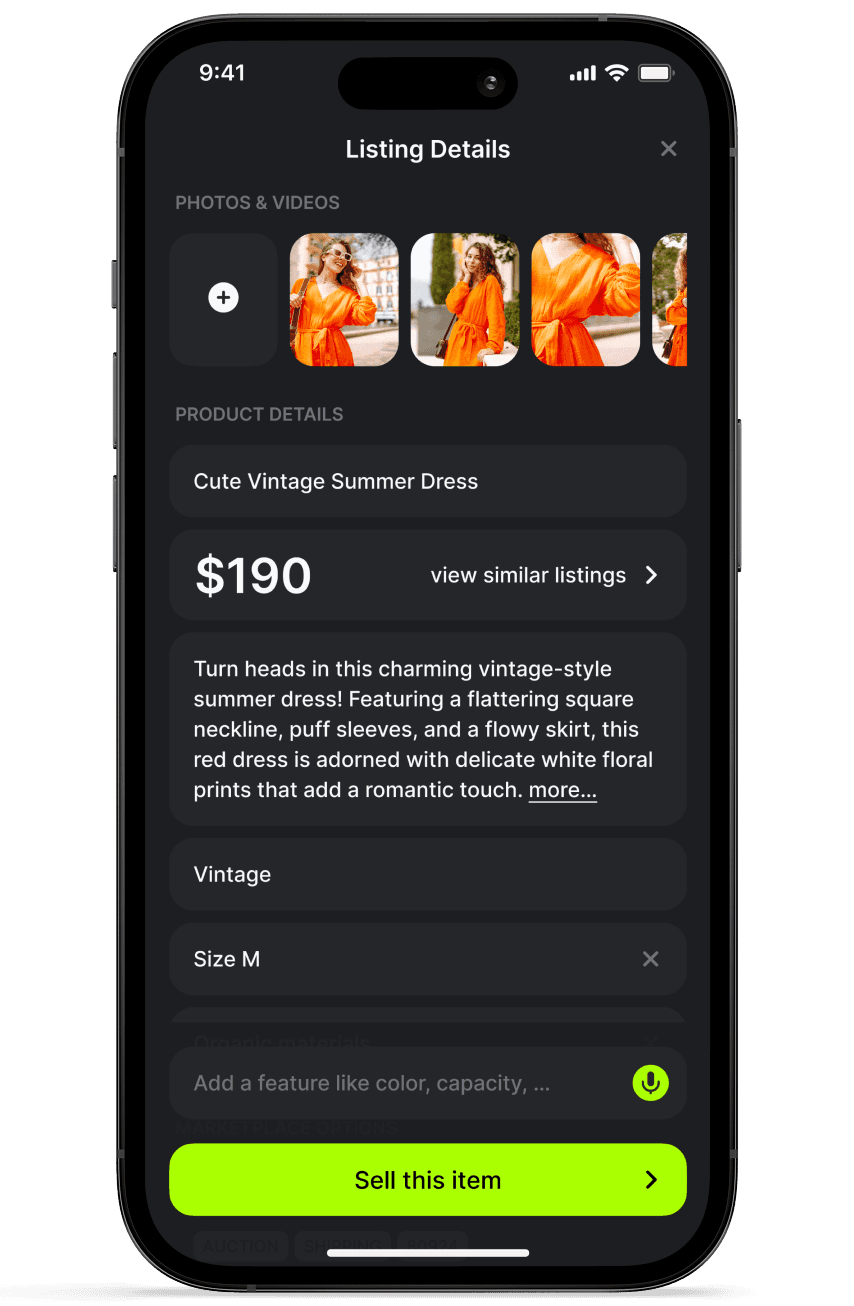 iPhone displaying an auto generated title, price, and description for a dress in the Hero Stuff app