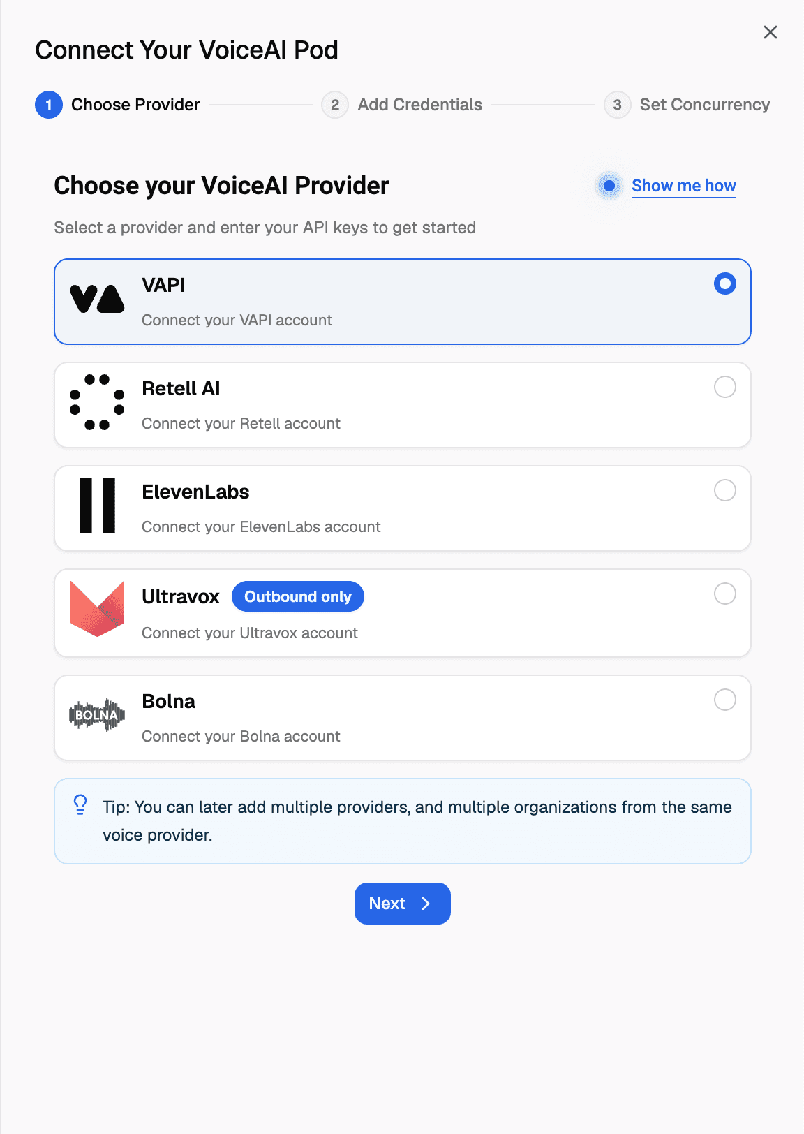 VoiceAIWrapper Connect Your VoiceAI Pod dialog showing Vapi selected, followed by Add Credentials and Set Concurrency stages in the Vapi white-label setup workflow