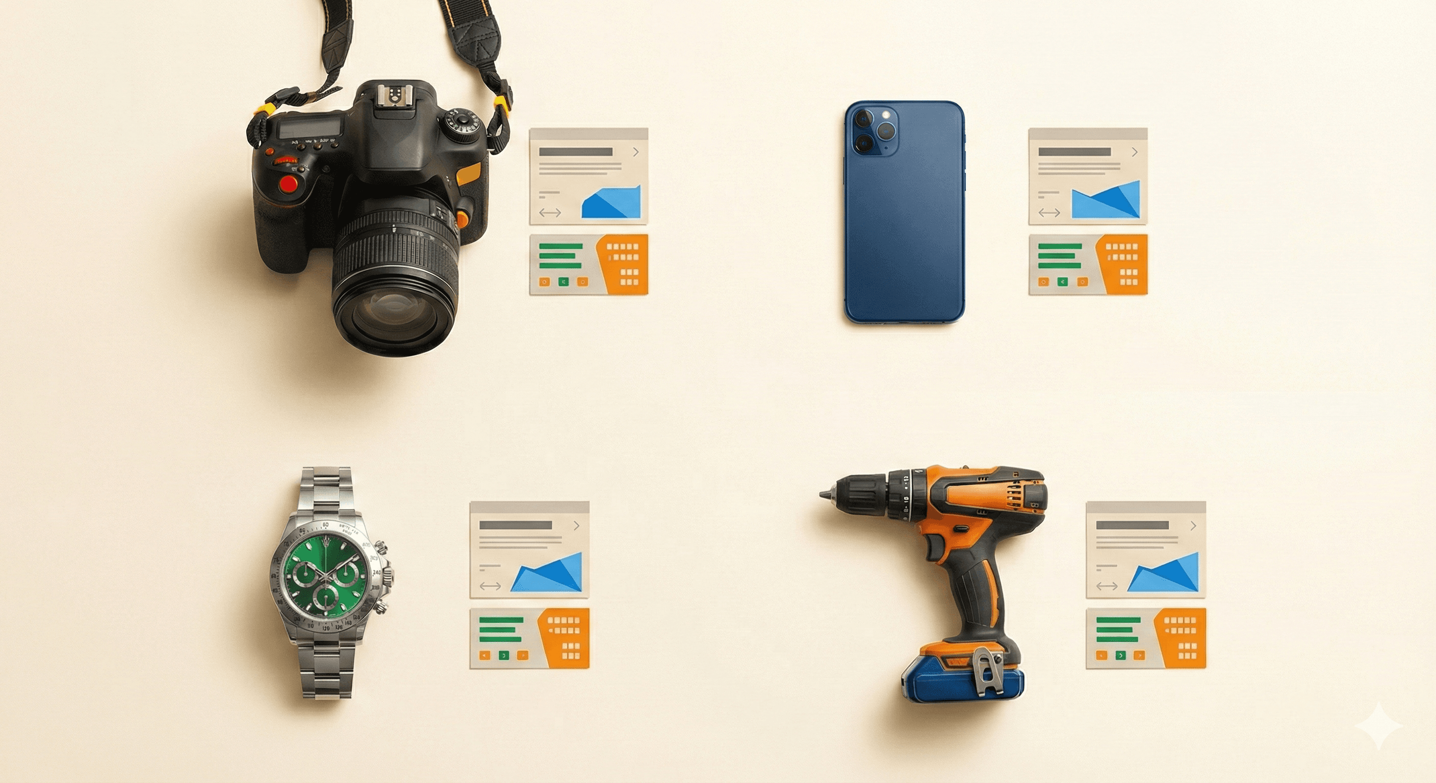 Strukturierte Produktdaten für den Trade-in: Eine Übersicht zeigt verschiedene Produktkategorien wie eine DSLR-Kamera, ein Smartphone, eine Armbanduhr und eine Bohrmaschine. Neben jedem Produkt sind abstrakte Datenkarten mit Diagrammen und Spezifikationen dargestellt, die eine automatisierte Wertermittlung und Katalogisierung symbolisieren.